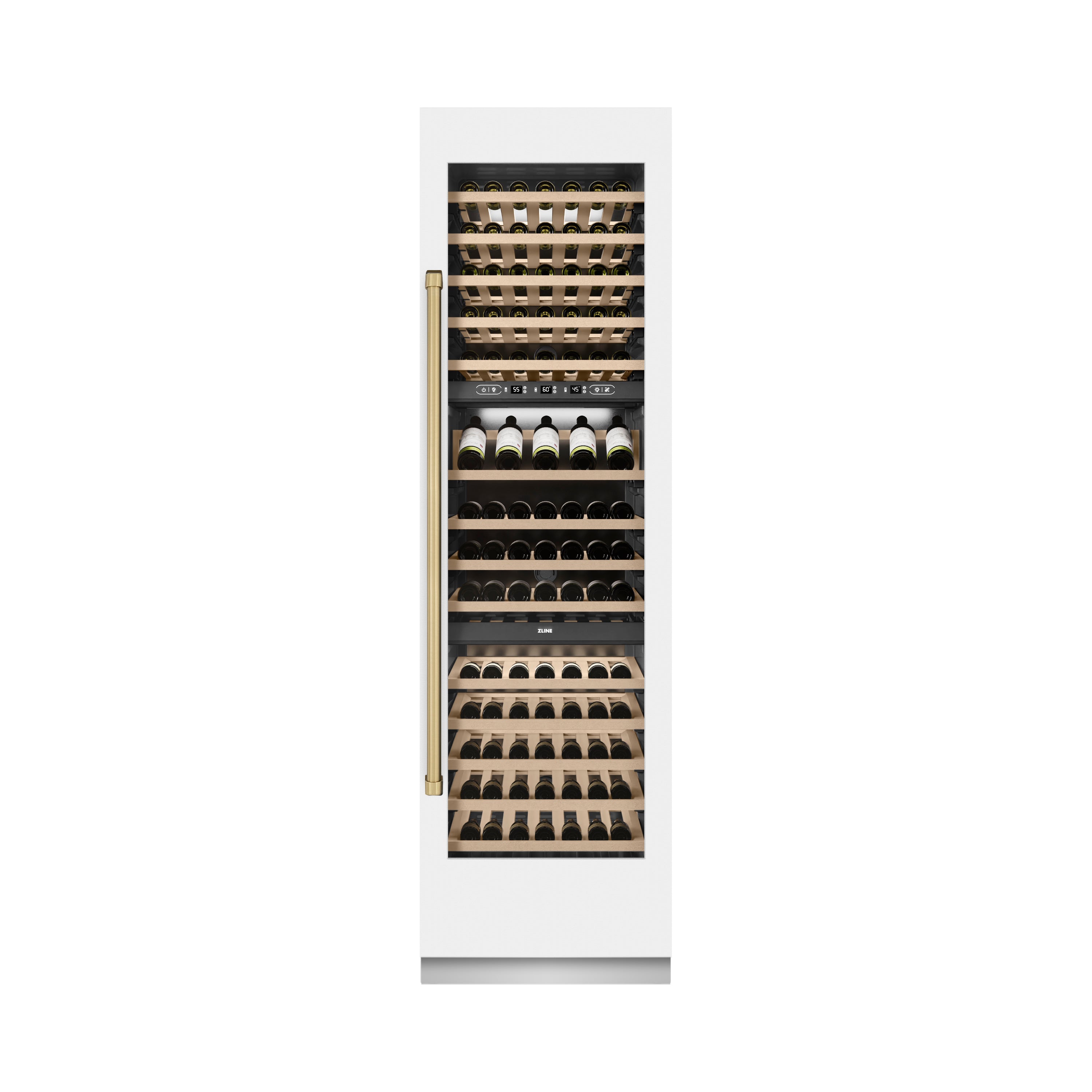 ZLINE Autograph Edition 24 in. 12.4 cu. ft. Triple Zone 100 Bottle Column Wine Cooler in White Matte and Champagne Bronze Accents (RCWVZ-WM-24-CB)