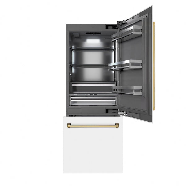 ZLINE Autograph Edition 30 in. 16.1 cu. ft. Built-In Bottom Freezer Refrigerator with Water Dispenser and Ice Maker in White Matte with Graphite Gray Interior and Polished Gold Accents (GRBIVZ-WM-30-G)