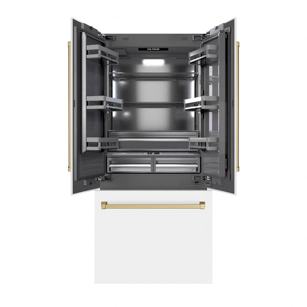 ZLINE Autograph Edition 36 in. 19.6 cu. ft. French Door Built-In Bottom Freezer Refrigerator with Water Dispenser and Ice Maker in White Matte with Graphite Gray Interior and Champagne Bronze Accents (GRBIVZ-WM-36-CB)