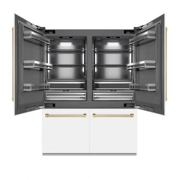 ZLINE Autograph Edition 60 in. 32.2 cu. ft. French Door Built-In Bottom Freezer Refrigerator with Water Dispenser and Ice Maker in White Matte with Graphite Gray Interior and Champagne Bronze Accents (GRBIVZ-WM-60-CB)