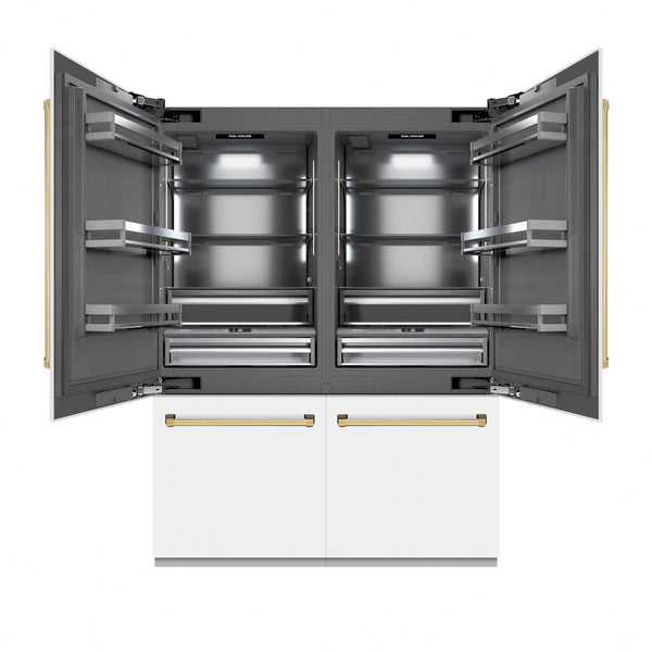 ZLINE Autograph Edition 60 in. 32.2 cu. ft. French Door Built-In Bottom Freezer Refrigerator with Water Dispenser and Ice Maker in White Matte with Graphite Gray Interior and Polished Gold Accents (GRBIVZ-WM-60-G)