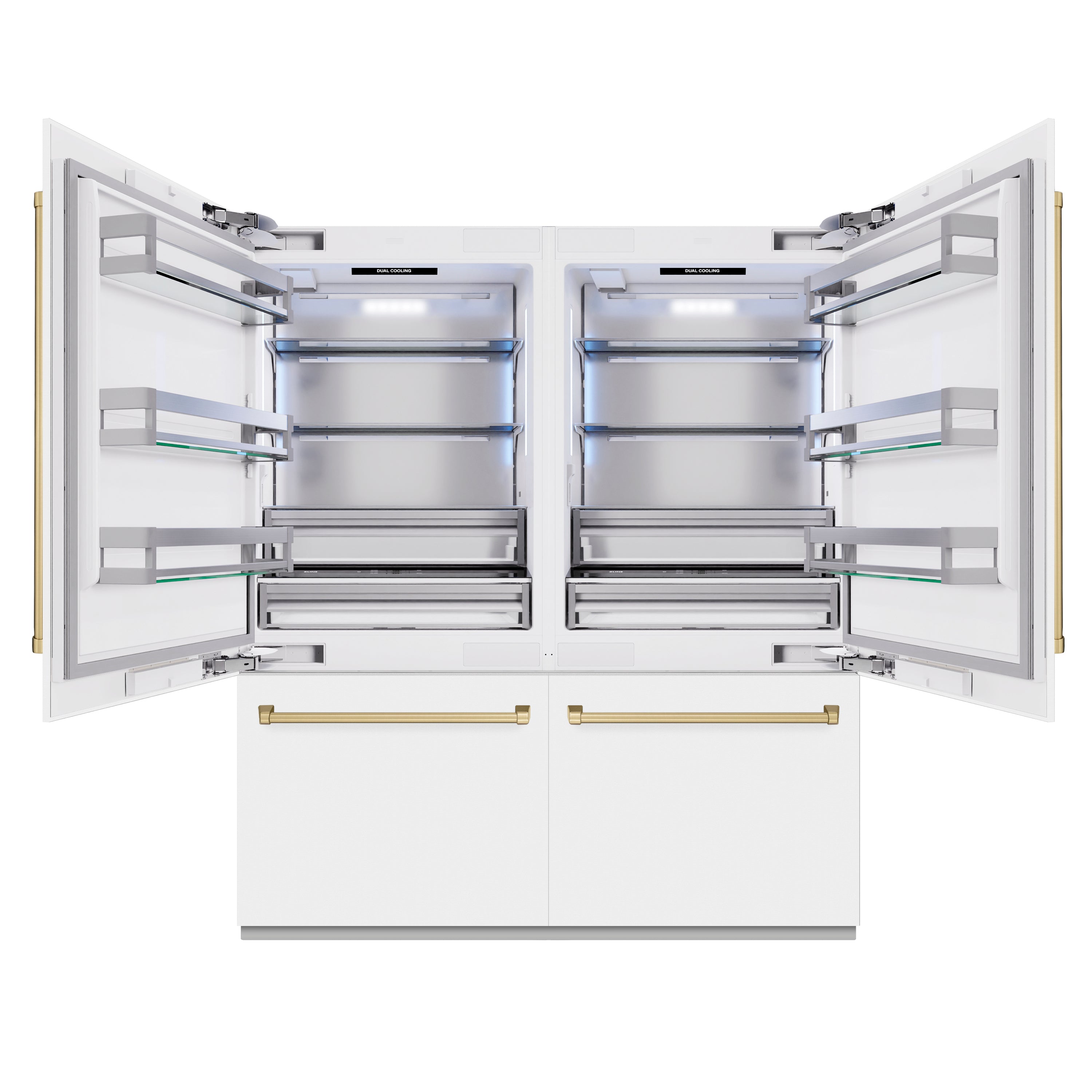 ZLINE Autograph Edition 72 in. 39.6 cu. ft. French Door Built-In Bottom Freezer Refrigerator with Water Dispensers and Ice Makers in White Matte and Champagne Bronze Accents (RBITZ-WM-72-CB)