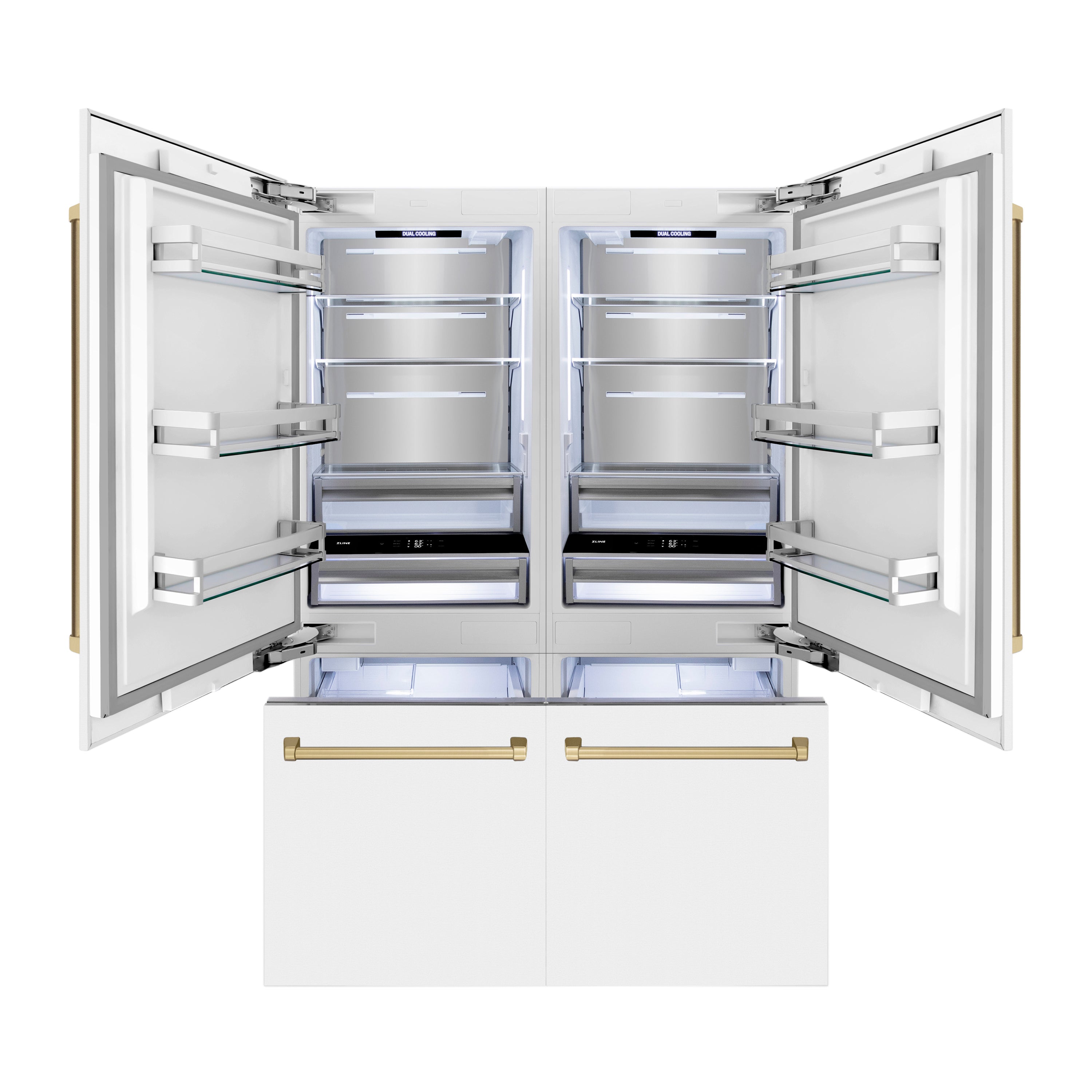 ZLINE Autograph Edition 60 in. 32.2 cu. ft. French Door Built-In Bottom Freezer Refrigerator with Water Dispenser and Ice Maker in White Matte with Champagne Bronze Accents (RBIVZ-WM-60-CB)