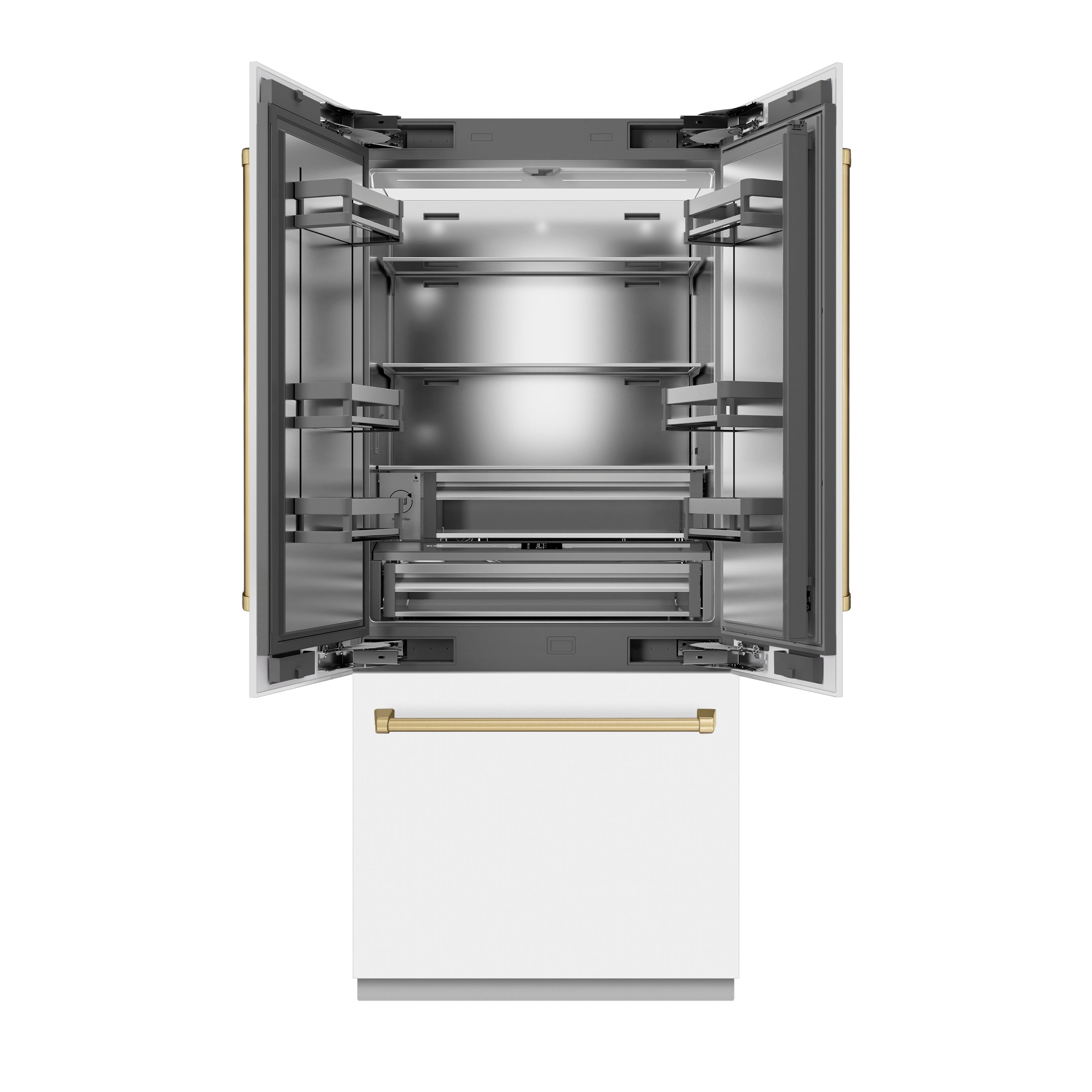 ZLINE Autograph Edition 36 in. 19.6 cu. ft. French Door Built-In Bottom Freezer Refrigerator with Water Dispenser and Ice Maker in White Matte with Stainless Steel Interior and Champagne Bronze Accents (SRBIVZ-WM-36-CB)