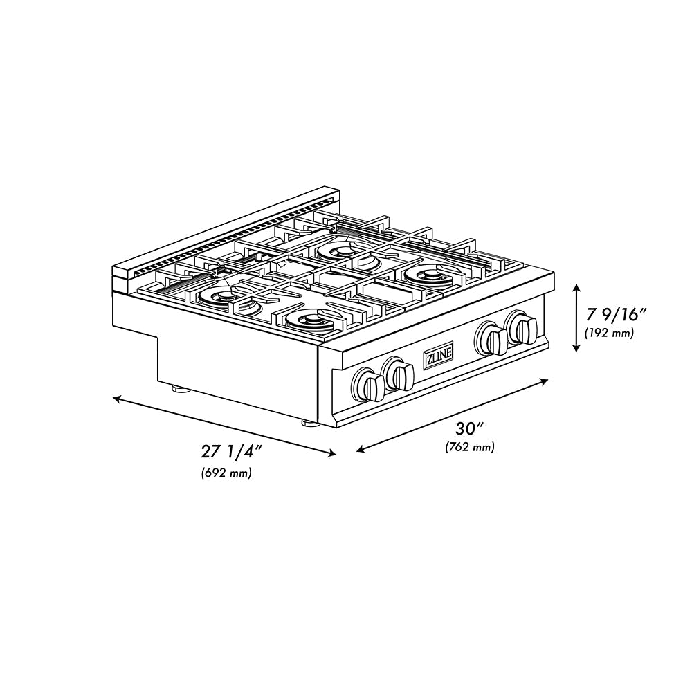 ZLINE 30 in. Classic Gas Rangetop with 4 Burner DuoPro™ Cooktop in Black Stainless Steel (PCRTB-30)
