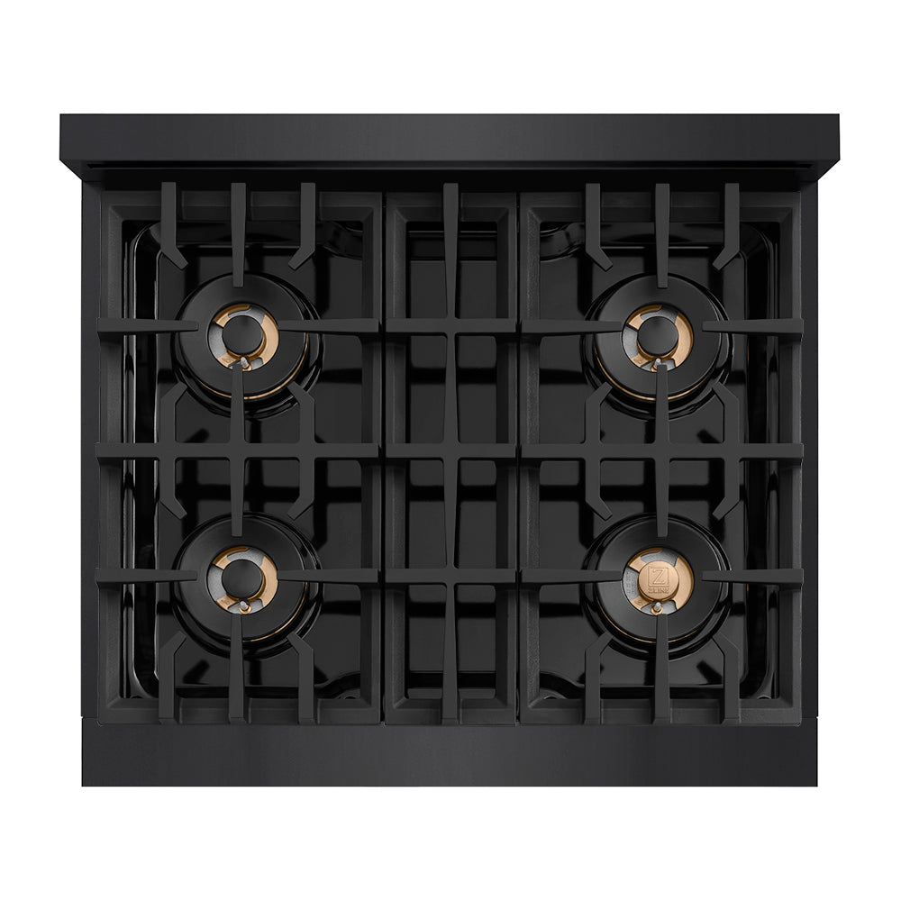 ZLINE Autograph Edition 30 in. Classic Gas Rangetop with 4 Burner DuoPro™ Cooktop in Black Stainless Steel and Polished Gold Accents (PCRTBZ-30-G)