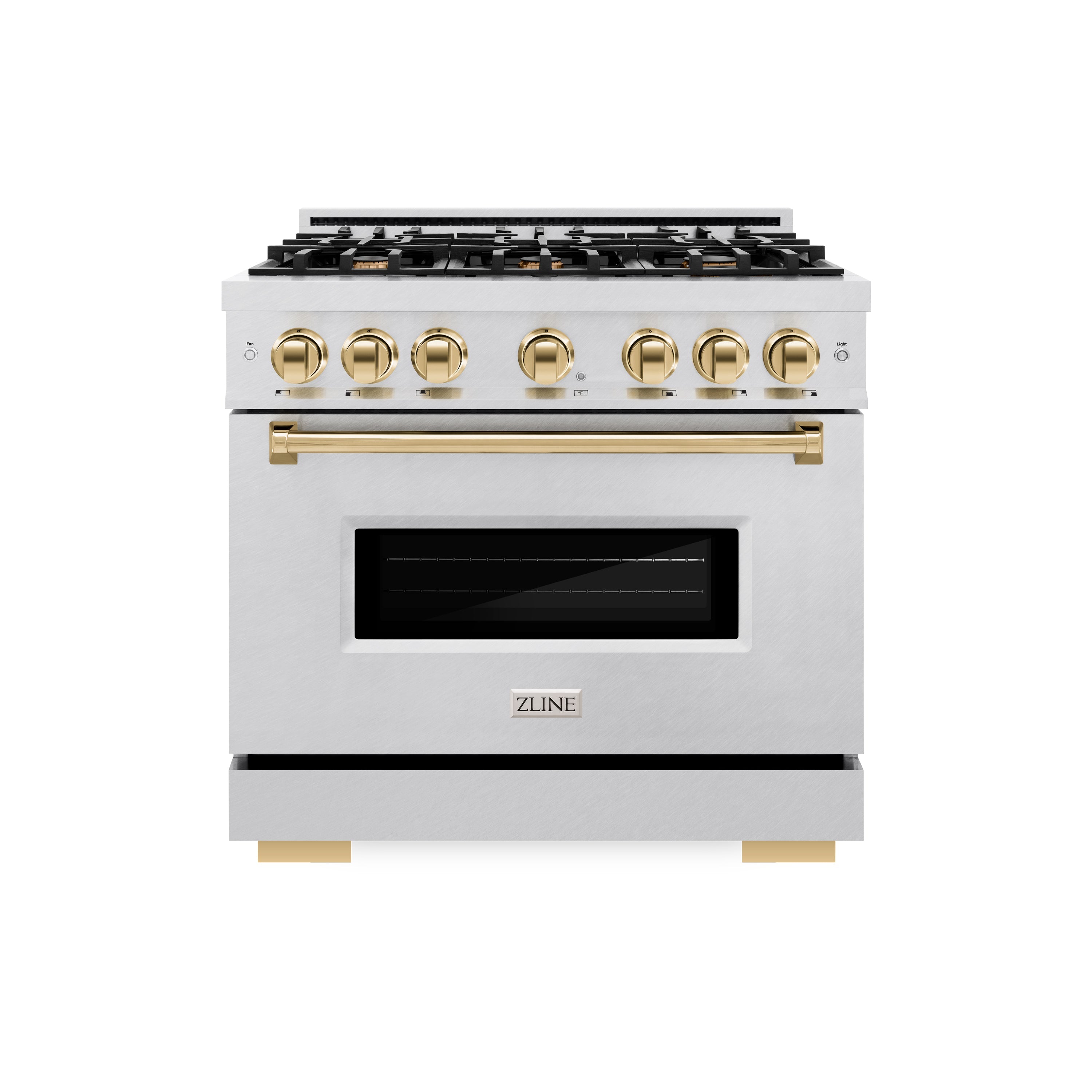 ZLINE Autograph Edition 36 in. 5.2 cu. ft. Classic Dual Fuel Range with 6 Burner Gas Cooktop and Electric Convection Oven in DuraSnow® Stainless Steel with Polished Gold Accents (CDRSZ-36-G)