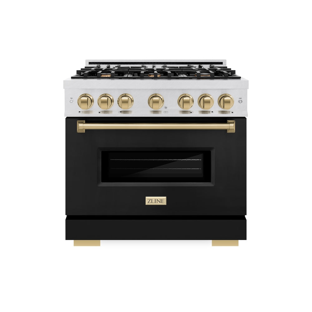 ZLINE Autograph Edition 36 in. 5.2 cu. ft. Classic Gas Range with 6 Burner Cooktop and Convection Gas Oven in Satin Stainless Steel with Black Matte Door and Champagne Bronze Accents (CGRSZ-BLM-36-CB)