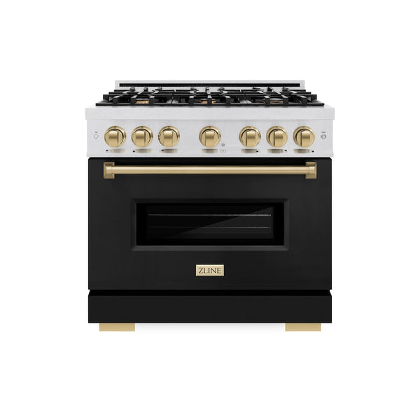 ZLINE Autograph Edition 36 in. 5.2 cu. ft. Classic Gas Range with 6 Burner Cooktop and Convection Gas Oven in Satin Stainless Steel with Black Matte Door and Champagne Bronze Accents (CGRSZ-BLM-36-CB)