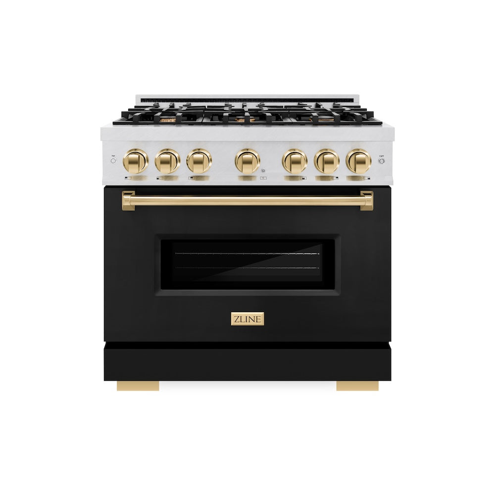 ZLINE Autograph Edition 36 in. 5.2 cu. ft. Classic Gas Range with 6 Burner Cooktop and Convection Gas Oven in Satin Stainless Steel with Black Matte Door and Polished Gold Accents (CGRSZ-BLM-36-G)