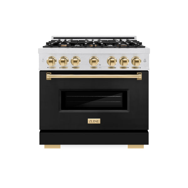 ZLINE Autograph Edition 36 in. 5.2 cu. ft. Classic Gas Range with 6 Burner Cooktop and Convection Gas Oven in Satin Stainless Steel with Black Matte Door and Polished Gold Accents (CGRSZ-BLM-36-G)