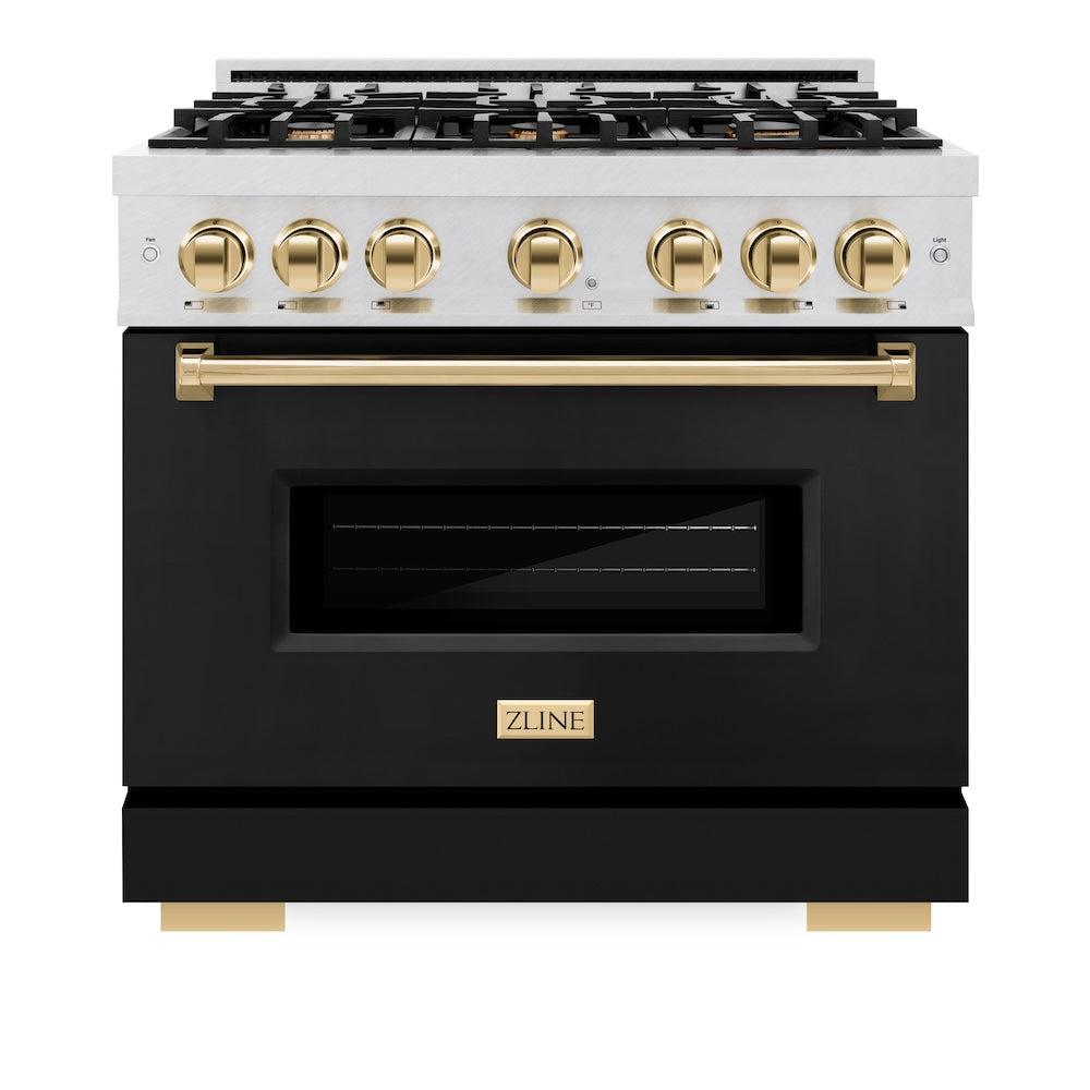 ZLINE Autograph Edition 36 in. 5.2 cu. ft. Classic Gas Range with 6 Burner Cooktop and Convection Gas Oven in Satin Stainless Steel with Black Matte Door and Polished Gold Accents (CGRSZ-BLM-36-G)