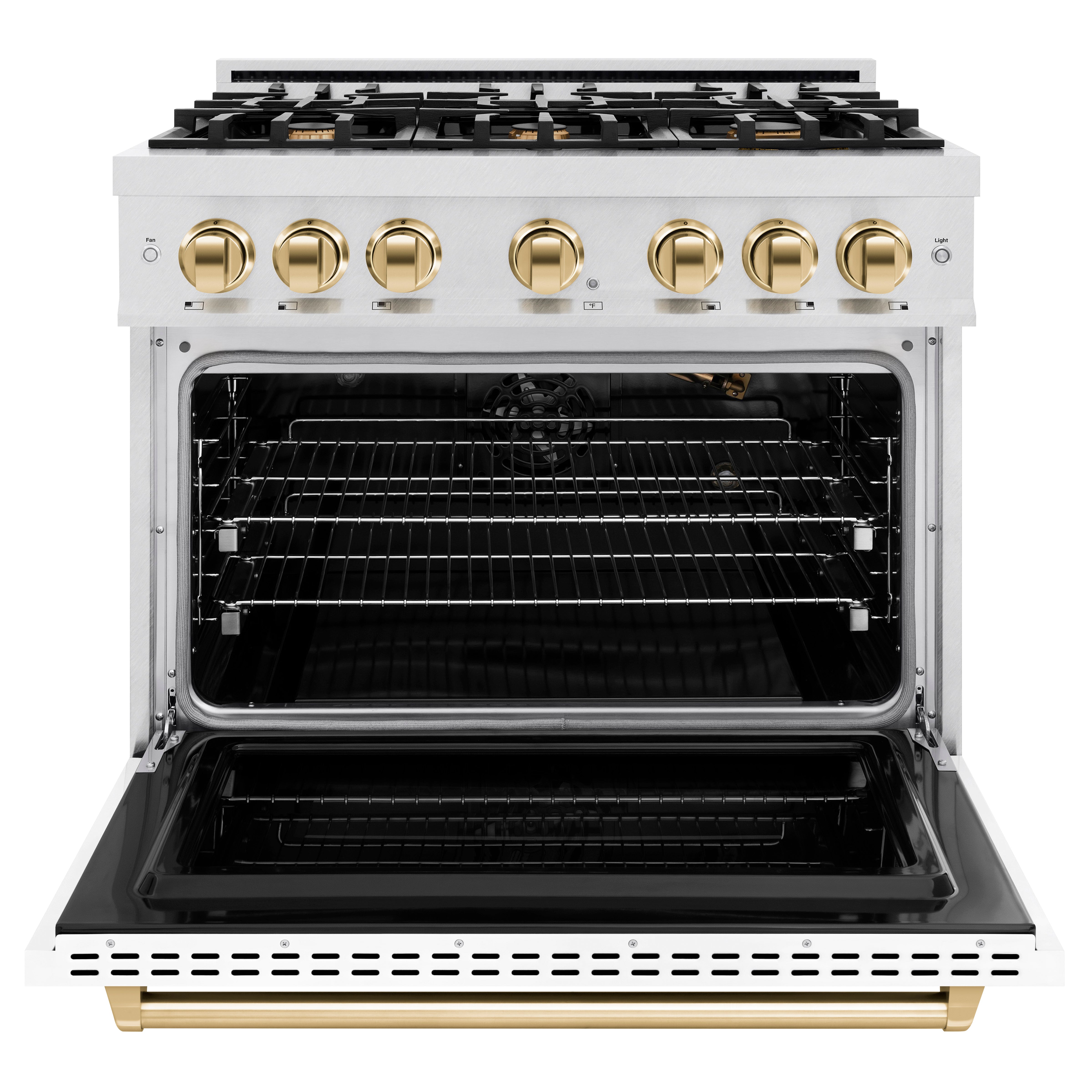 ZLINE Autograph Edition 36 in. 5.2 cu. ft. Classic Gas Range with 6 Burner Cooktop and Convection Gas Oven in Satin Stainless Steel with White Matte Door and Polished Gold Accents (CGRSZ-WM-36-G)