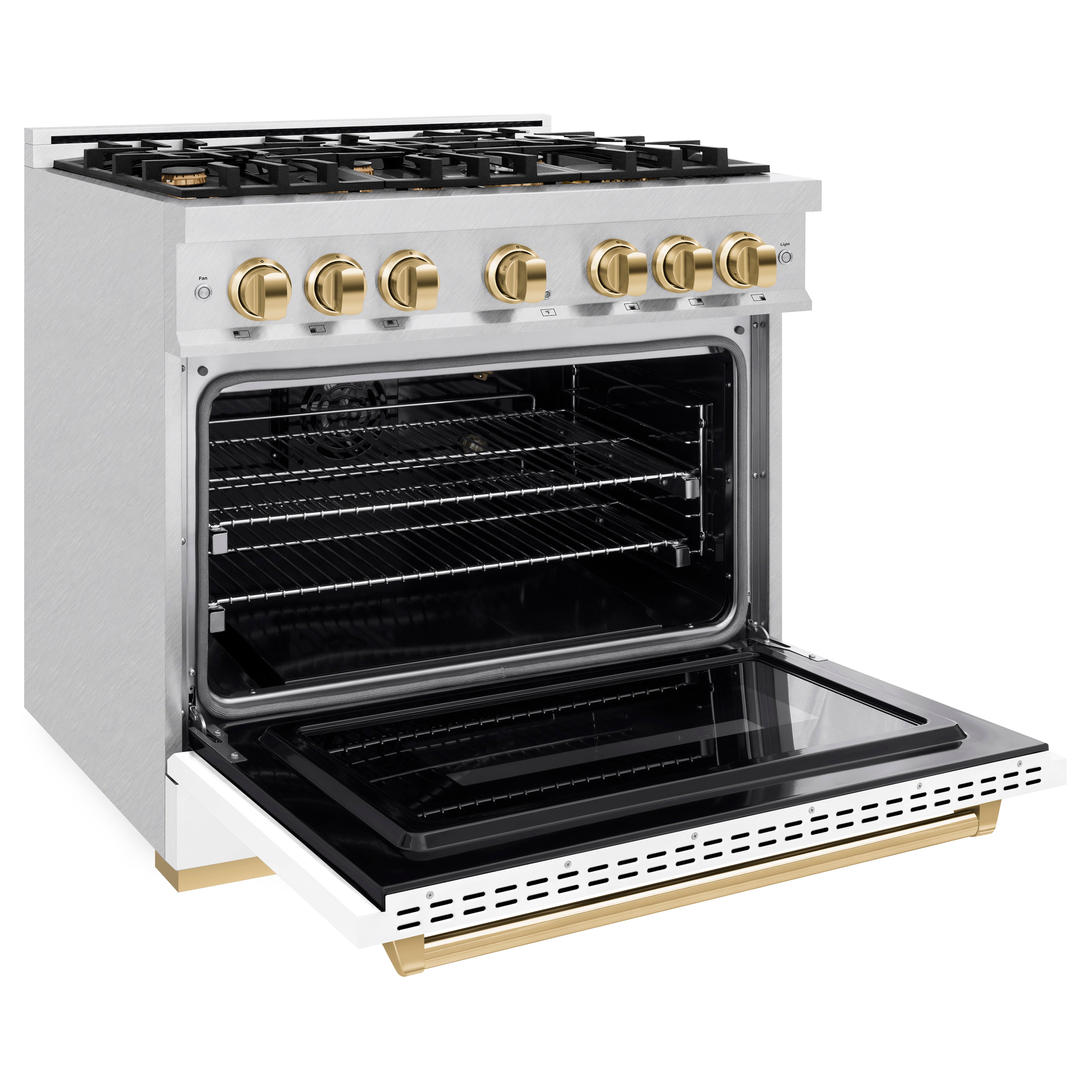 ZLINE Autograph Edition 36 in. 5.2 cu. ft. Classic Gas Range with 6 Burner Cooktop and Convection Gas Oven in Satin Stainless Steel with White Matte Door and Polished Gold Accents (CGRSZ-WM-36-G)