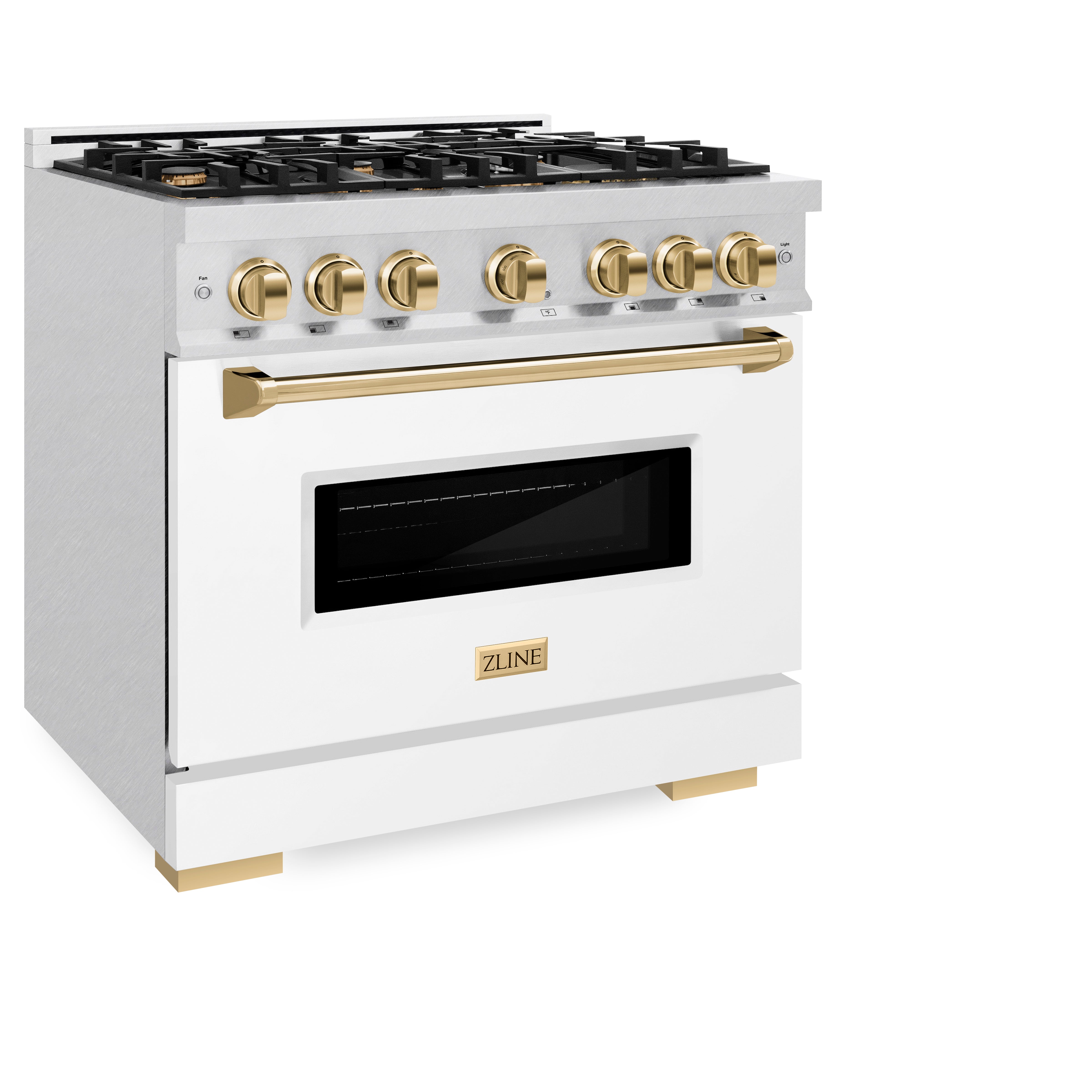 ZLINE Autograph Edition 36 in. 5.2 cu. ft. Classic Gas Range with 6 Burner Cooktop and Convection Gas Oven in Satin Stainless Steel with White Matte Door and Polished Gold Accents (CGRSZ-WM-36-G)