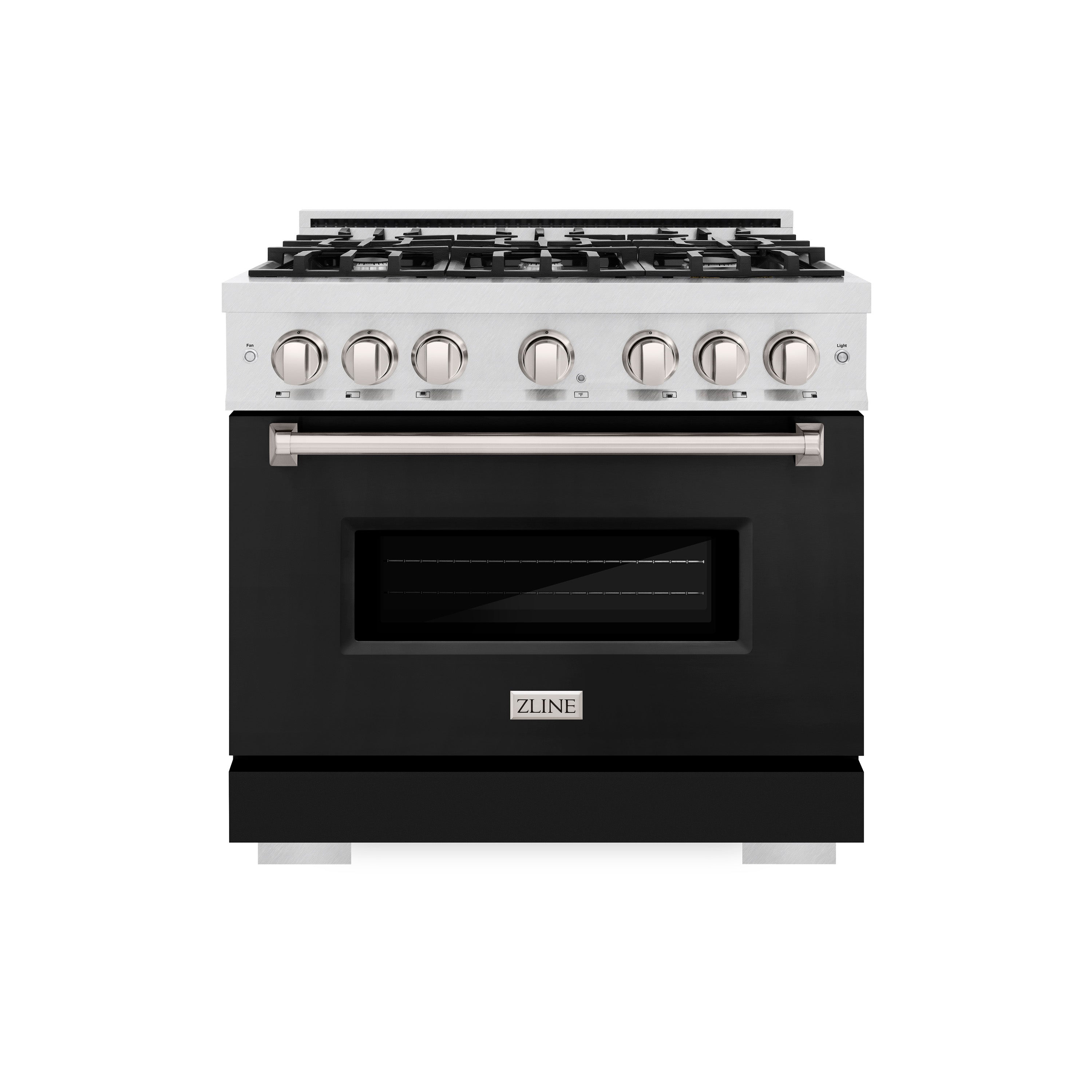 ZLINE 36 in. 5.2 cu. ft. Classic Dual Fuel Range with 6 Burner Gas Cooktop and Electric Convection Oven in Satin Stainless Steel with Black Matte Door (CDRS-BLM-36)