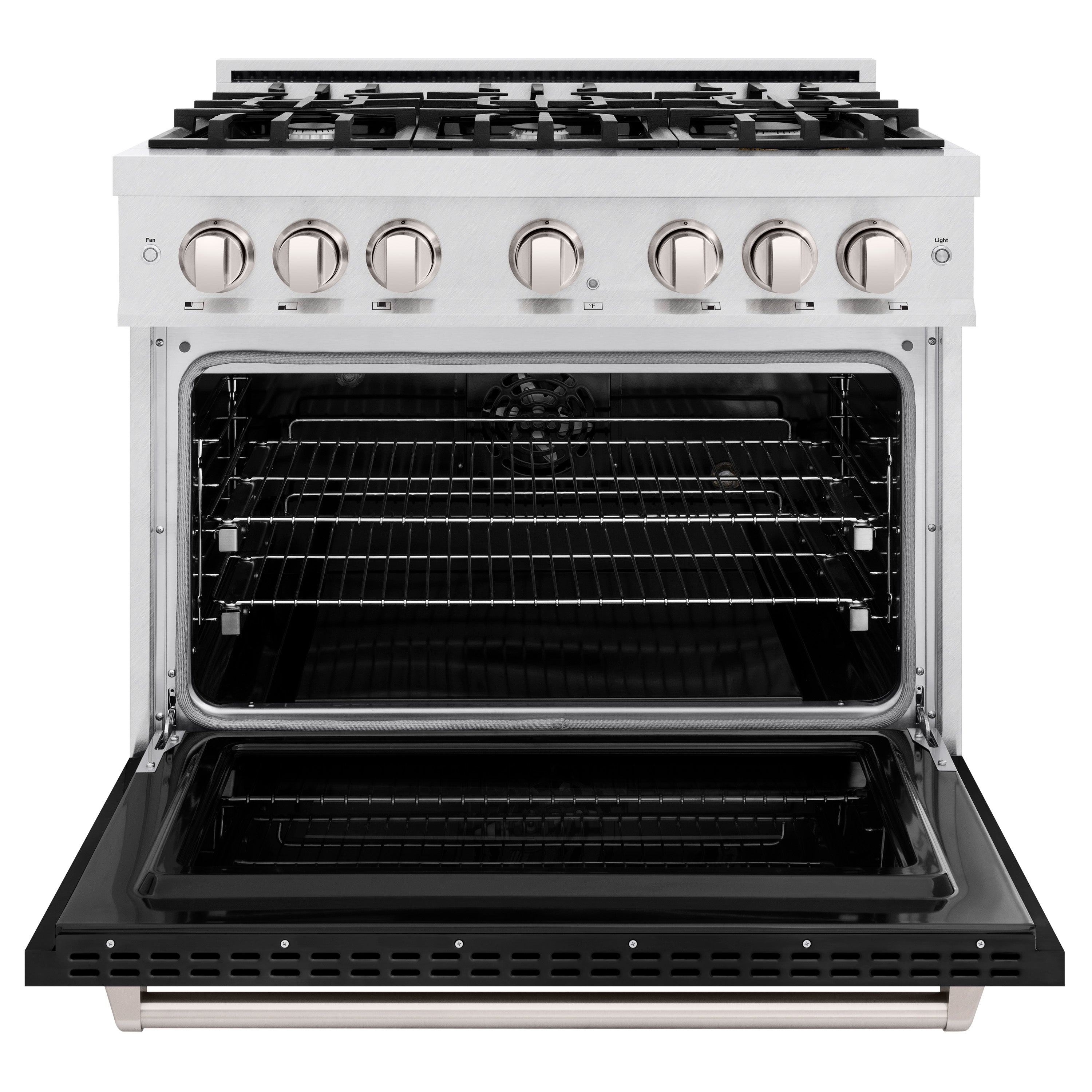 ZLINE 36 in. 5.2 cu. ft. Classic Dual Fuel Range with 6 Burner Gas Cooktop and Electric Convection Oven in Satin Stainless Steel with Black Matte Door (CDRS-BLM-36)