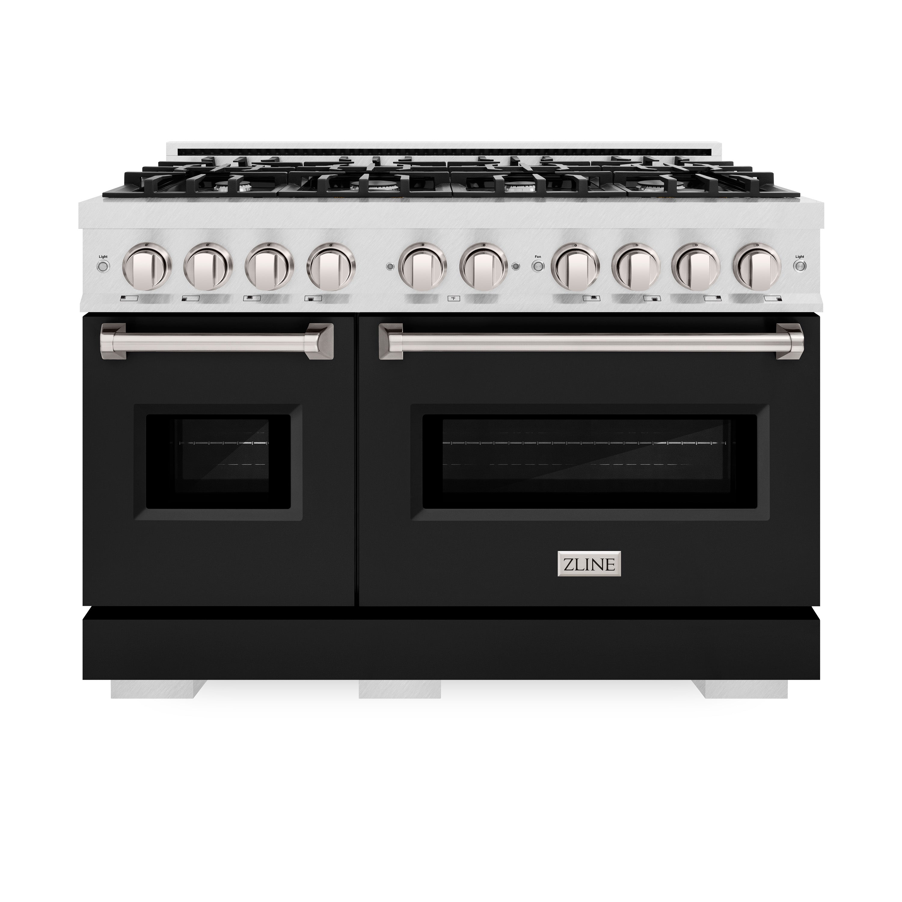 ZLINE 48 in. 6.7 cu. ft. Classic Double Oven Dual Fuel Range with 8 Burner Gas Cooktop in Satin Stainless Steel with Black Matte Doors (CDRS-BLM-48)