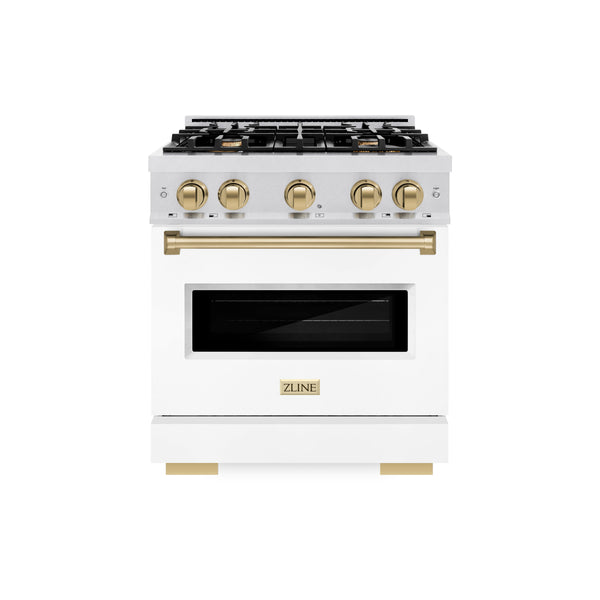 ZLINE Autograph Edition 30 in. 4.2 cu. ft. Classic Dual Fuel Range with 4 Burner Gas Cooktop and Electric Convection Oven in Satin Stainless Steel with White Matte Door and Polished Gold Accents (CDRSZ-WM-30-G)