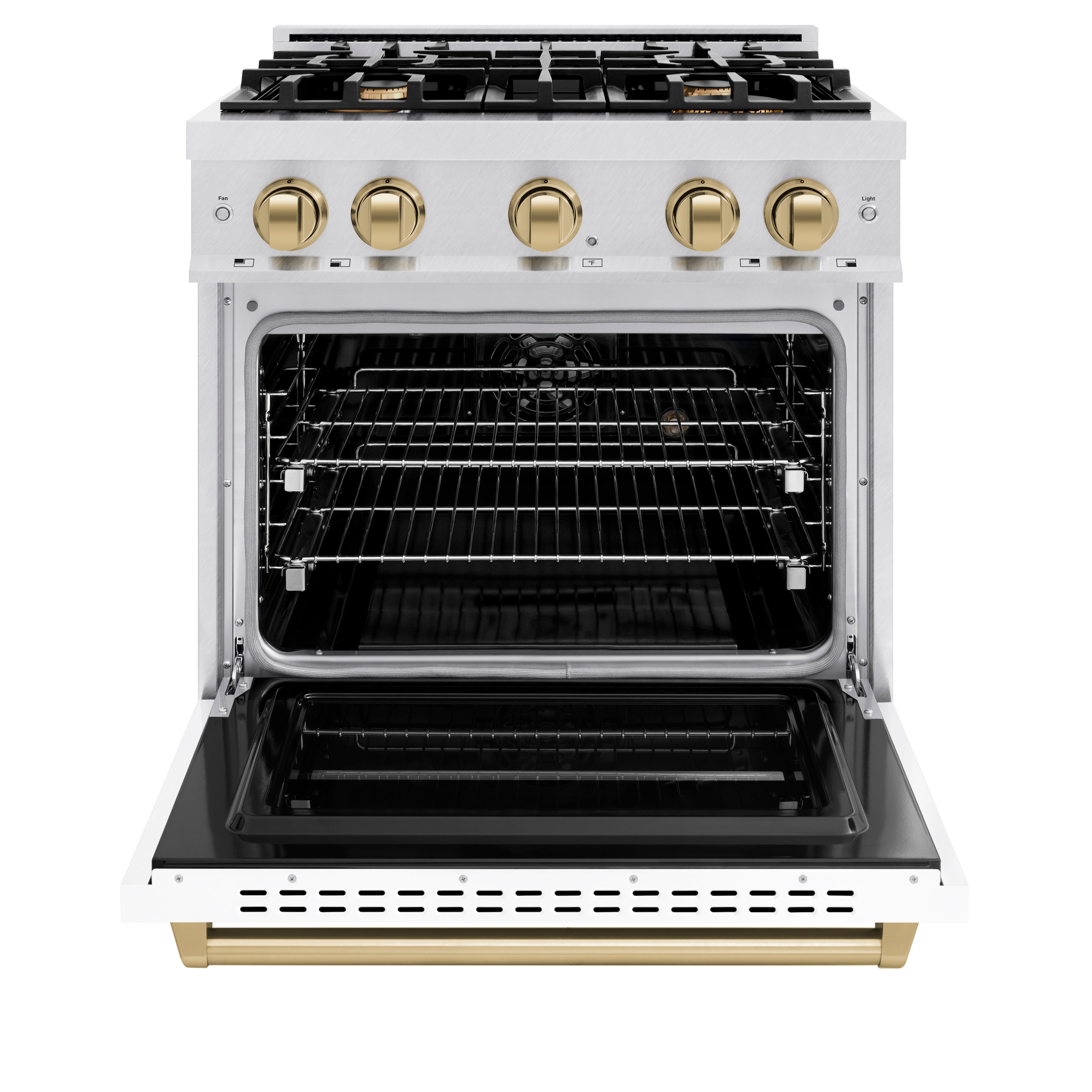 ZLINE Autograph Edition 30 in. 4.2 cu. ft. Classic Dual Fuel Range with 4 Burner Gas Cooktop and Electric Convection Oven in Satin Stainless Steel with White Matte Door and Polished Gold Accents (CDRSZ-WM-30-G)