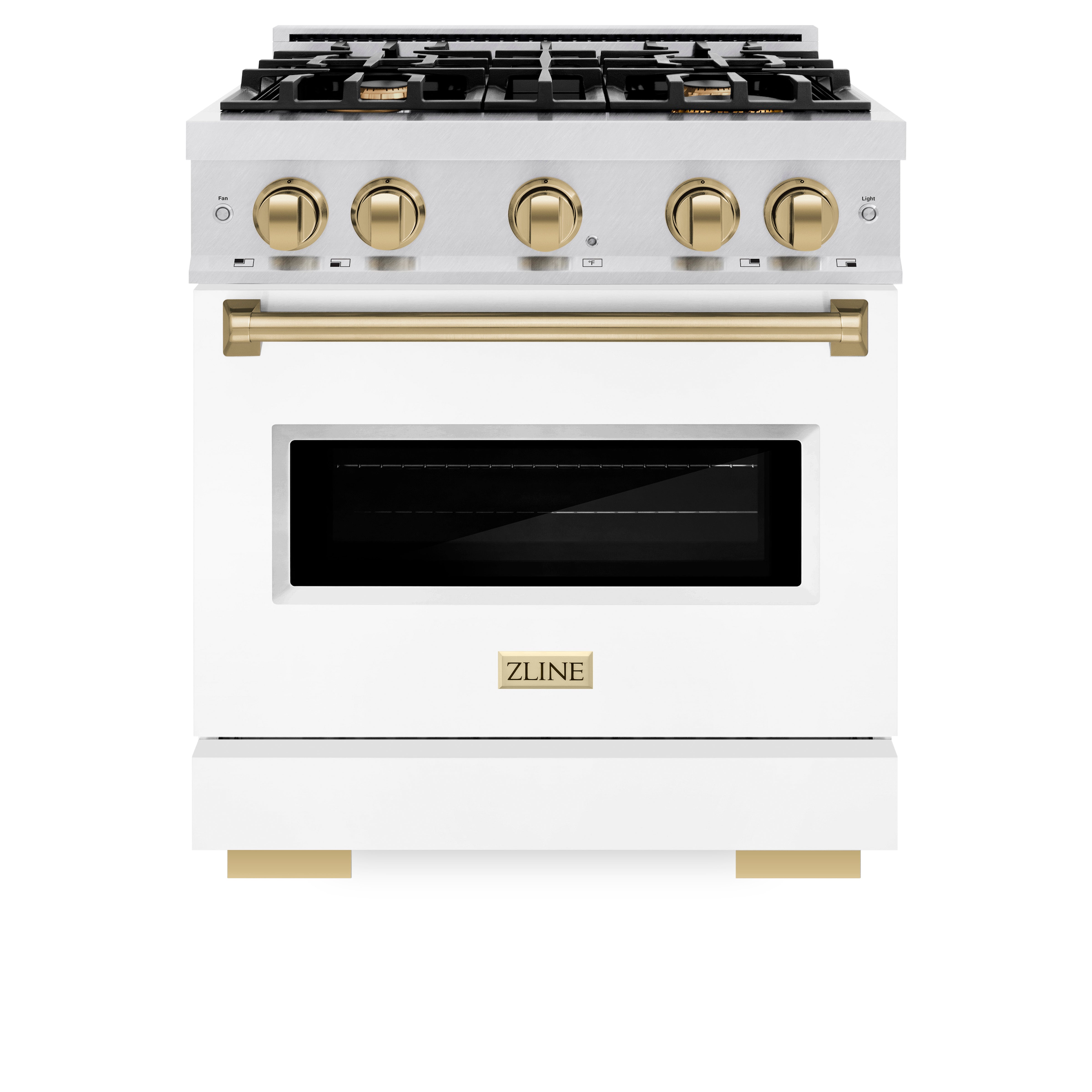 ZLINE Autograph Edition 30 in. 4.2 cu. ft. Classic Dual Fuel Range with 4 Burner Gas Cooktop and Electric Convection Oven in Satin Stainless Steel with White Matte Door and Champagne Bronze Accents (CDRSZ-WM-30-CB)