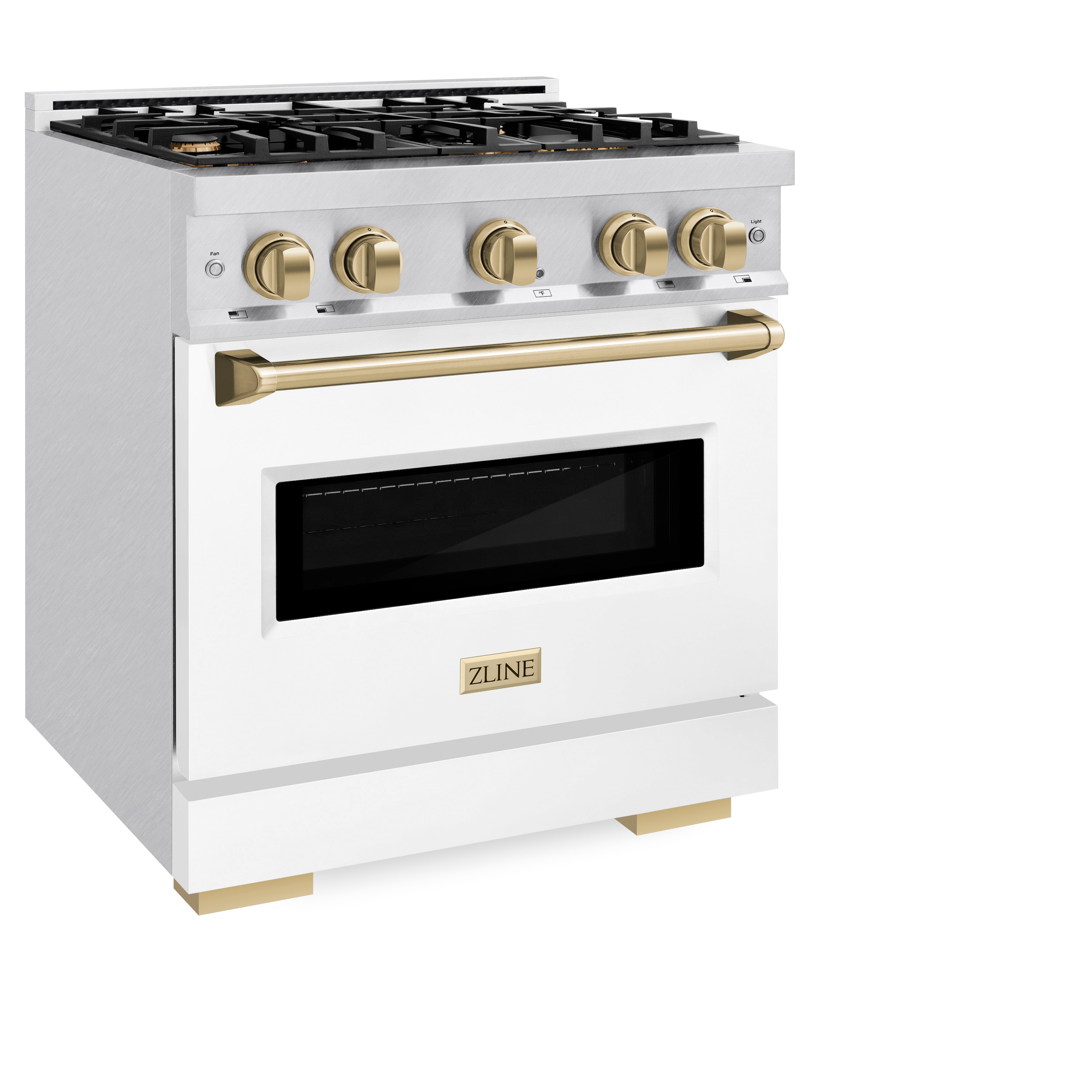 ZLINE Autograph Edition 30 in. 4.2 cu. ft. Classic Dual Fuel Range with 4 Burner Gas Cooktop and Electric Convection Oven in Satin Stainless Steel with White Matte Door and Polished Gold Accents (CDRSZ-WM-30-G)