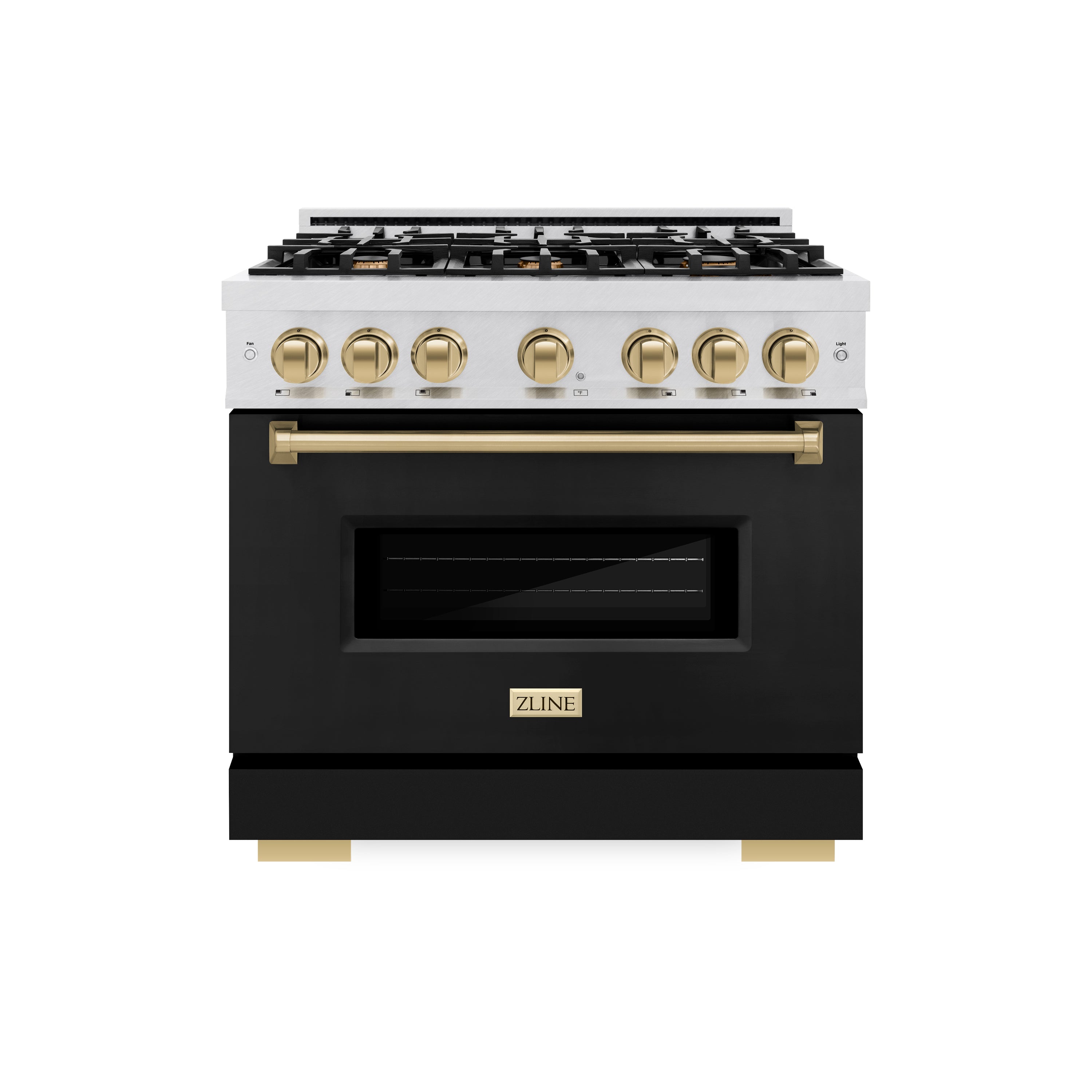 ZLINE Autograph Edition 36 in. 5.2 cu. ft. Classic Dual Fuel Range with 6 Burner Gas Cooktop and Electric Convection Oven in Satin Stainless Steel with Black Matte Door and Champagne Bronze Accents (CDRSZ-BLM-36-CB)