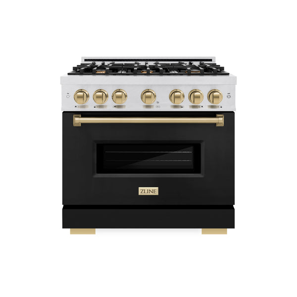 ZLINE Autograph Edition 36 in. 5.2 cu. ft. Classic Dual Fuel Range with 6 Burner Gas Cooktop and Electric Convection Oven in Satin Stainless Steel with Black Matte Door and Champagne Bronze Accents (CDRSZ-BLM-36-CB)