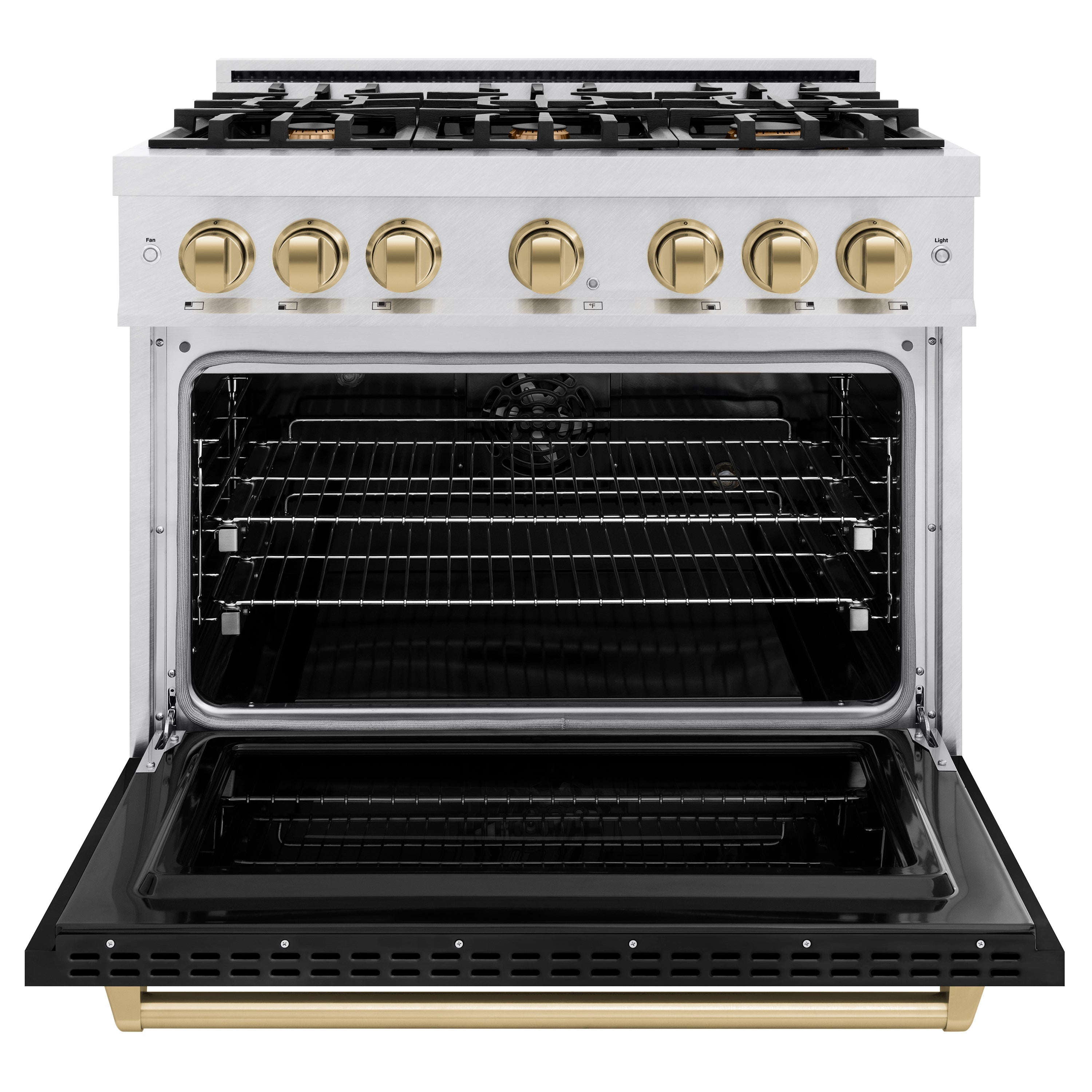 ZLINE Autograph Edition 36 in. 5.2 cu. ft. Classic Dual Fuel Range with 6 Burner Gas Cooktop and Electric Convection Oven in Satin Stainless Steel with Black Matte Door and Champagne Bronze Accents (CDRSZ-BLM-36-CB)