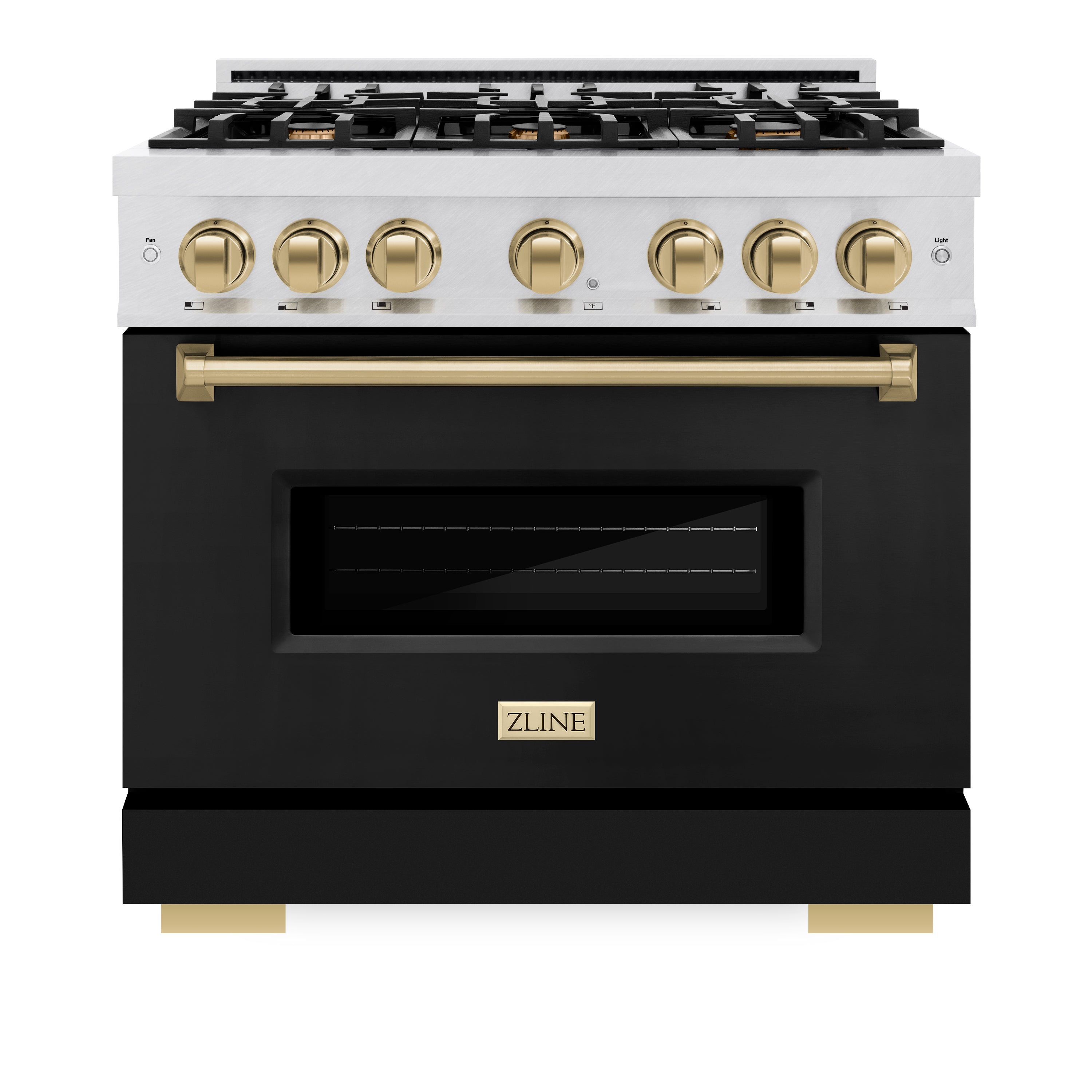 ZLINE Autograph Edition 36 in. 5.2 cu. ft. Classic Dual Fuel Range with 6 Burner Gas Cooktop and Electric Convection Oven in Satin Stainless Steel with Black Matte Door and Champagne Bronze Accents (CDRSZ-BLM-36-CB)