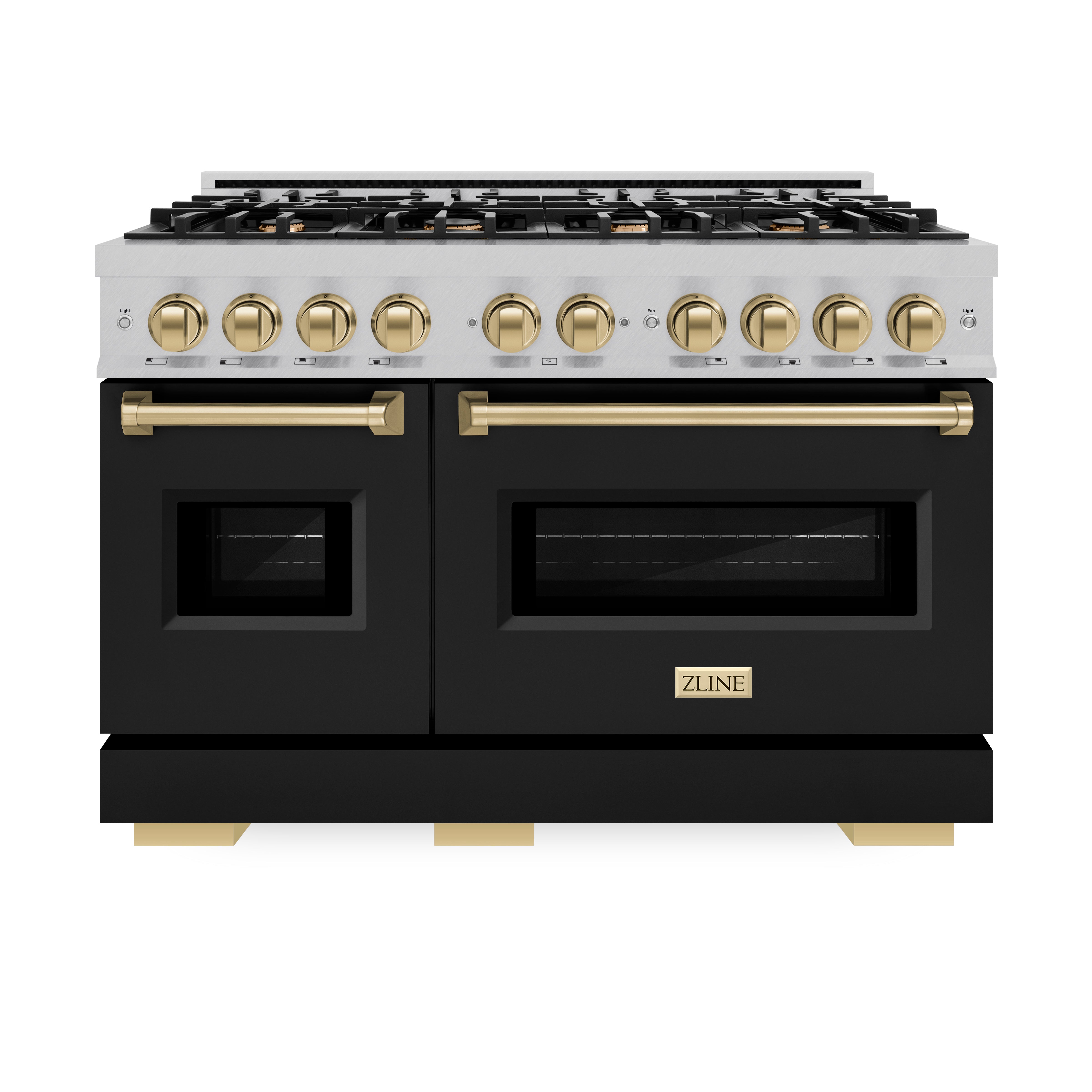 ZLINE Autograph Edition 48 in. 6.7 cu. ft. Classic Double Oven Dual Fuel Range with 8 Burner Gas Cooktop in Satin Stainless Steel with Black Matte Doors and Champagne Bronze Accents (CDRSZ-BLM-48-CB)