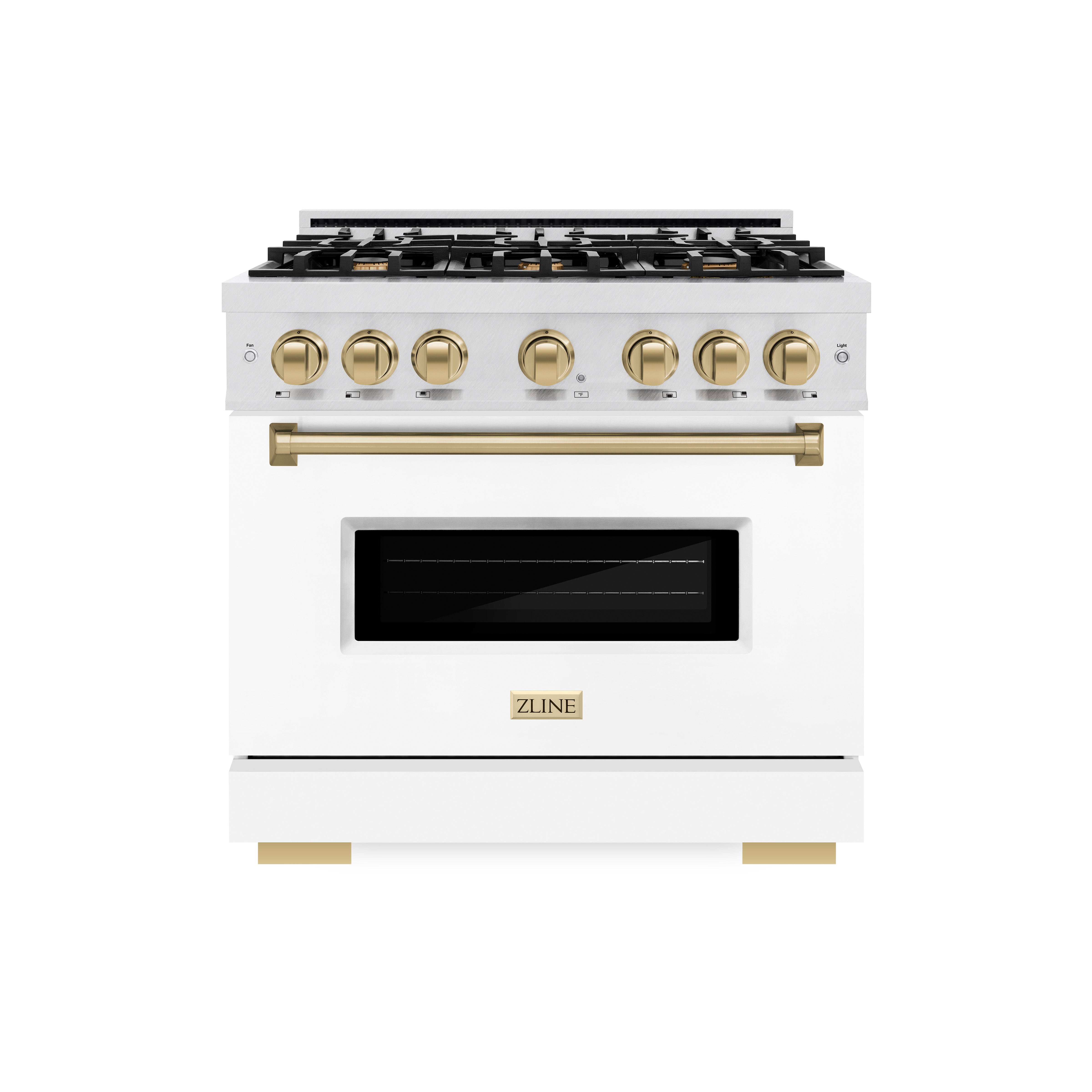 ZLINE Autograph Edition 36 in. 5.2 cu. ft. Classic Dual Fuel Range with 6 Burner Gas Cooktop and Electric Convection Oven in Satin Stainless Steel with White Matte Door and Champagne Bronze Accents (CDRSZ-WM-36-CB)