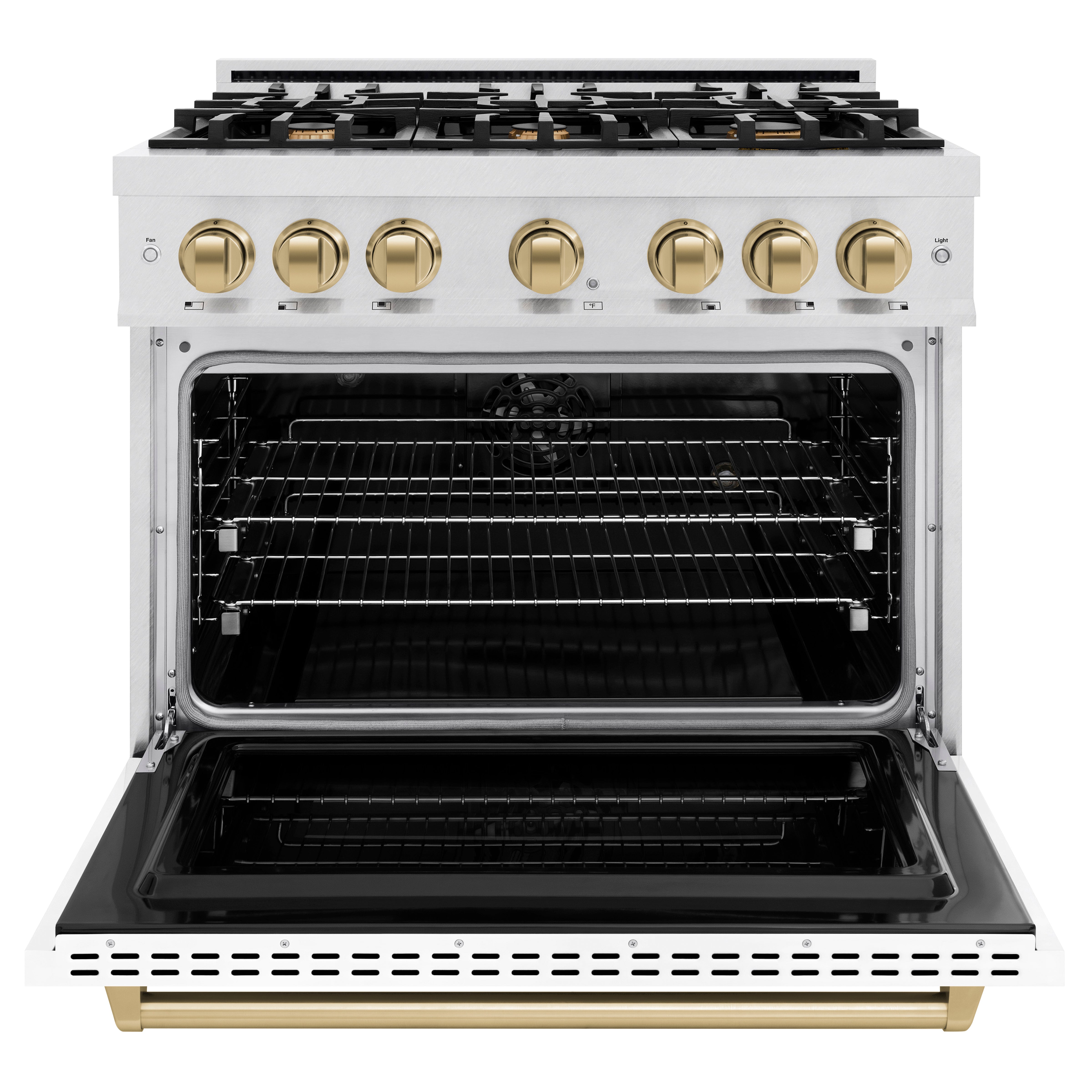 ZLINE Autograph Edition 36 in. 5.2 cu. ft. Classic Dual Fuel Range with 6 Burner Gas Cooktop and Electric Convection Oven in Satin Stainless Steel with White Matte Door and Champagne Bronze Accents (CDRSZ-WM-36-CB)