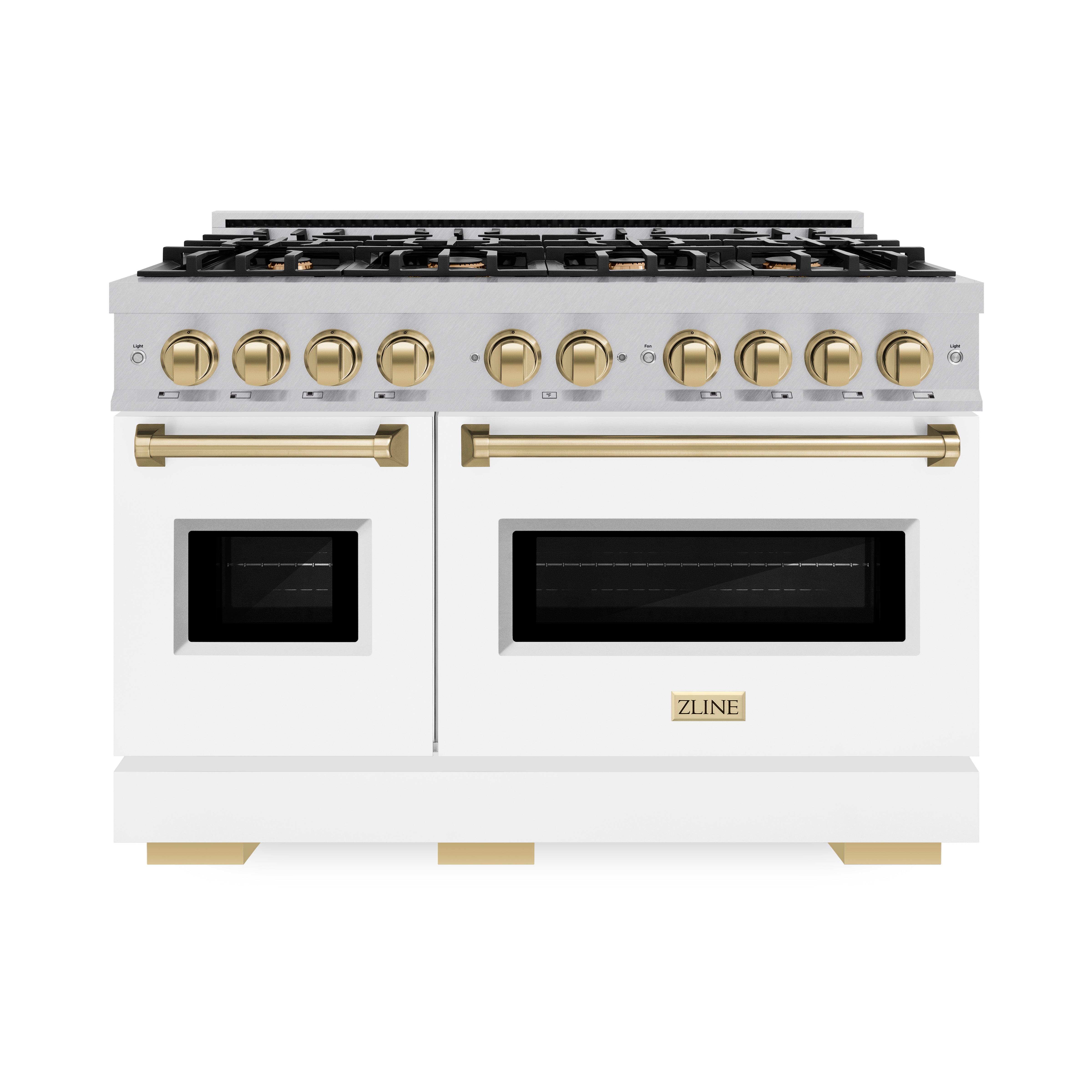 ZLINE Autograph Edition 48 in. 6.7 cu. ft. Classic Double Oven Dual Fuel Range with 8 Burner Gas Cooktop in Satin Stainless Steel with White Matte Doors and Champagne Bronze Accents (CDRSZ-WM-48-CB)