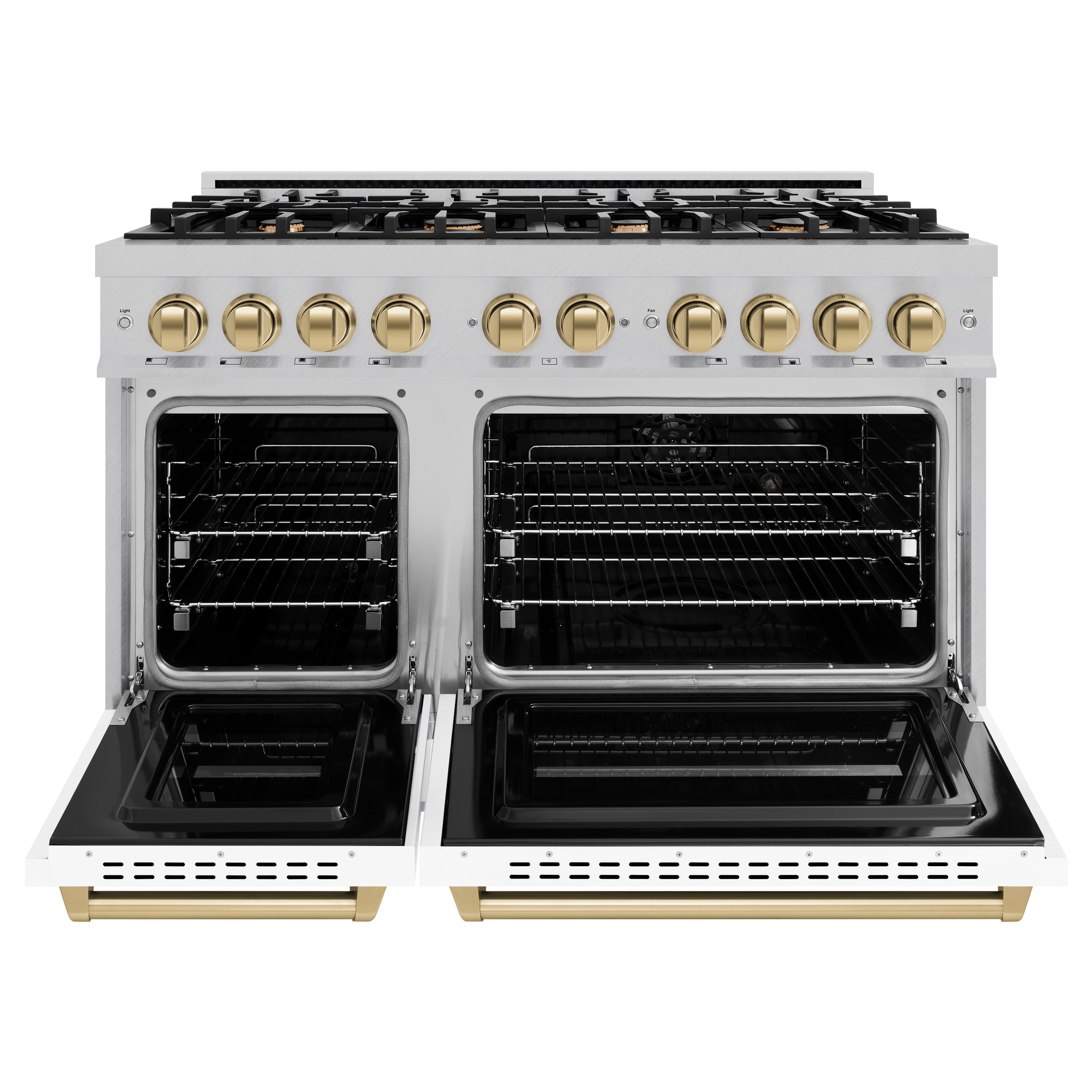 ZLINE Autograph Edition 48 in. 6.7 cu. ft. Classic Double Oven Dual Fuel Range with 8 Burner Gas Cooktop in Satin Stainless Steel with White Matte Doors and Champagne Bronze Accents (CDRSZ-WM-48-CB)