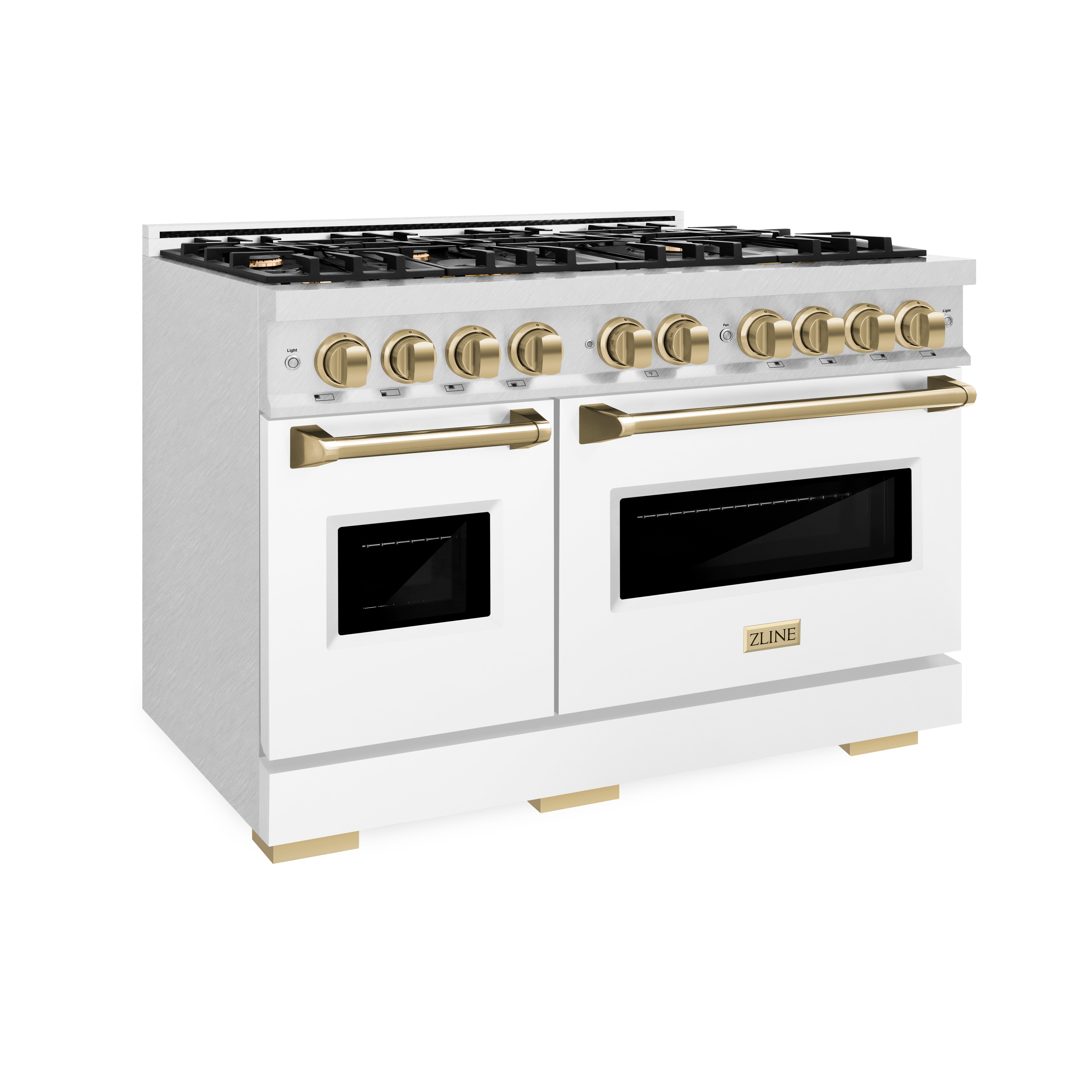 ZLINE Autograph Edition 48 in. 6.7 cu. ft. Classic Double Oven Dual Fuel Range with 8 Burner Gas Cooktop in Satin Stainless Steel with White Matte Doors and Champagne Bronze Accents (CDRSZ-WM-48-CB)