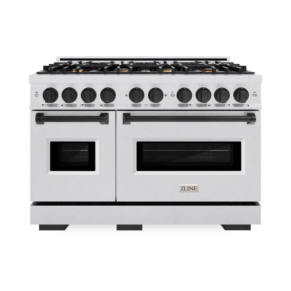 ZLINE Autograph Edition 48 in. 6.7 cu. ft. Classic Double Oven Dual Fuel Range with 8 Burner Gas Cooktop in Satin Stainless Steel with White Matte Doors and Matte Black Accents (CDRSZ-WM-48-MB)