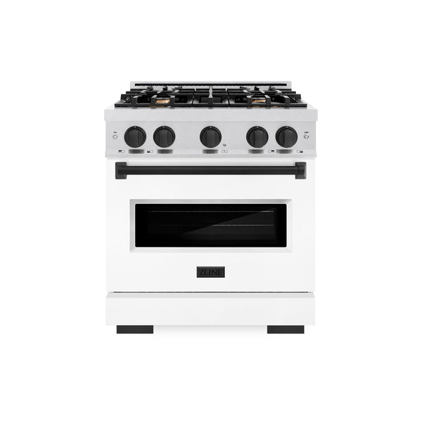 ZLINE Autograph Edition 30 in. 4.2 cu. ft. Classic Dual Fuel Range with 4 Burner Gas Cooktop and Electric Convection Oven in Satin Stainless Steel with White Matte Door and Matte Black Accents (CDRSZ-WM-30-MB)