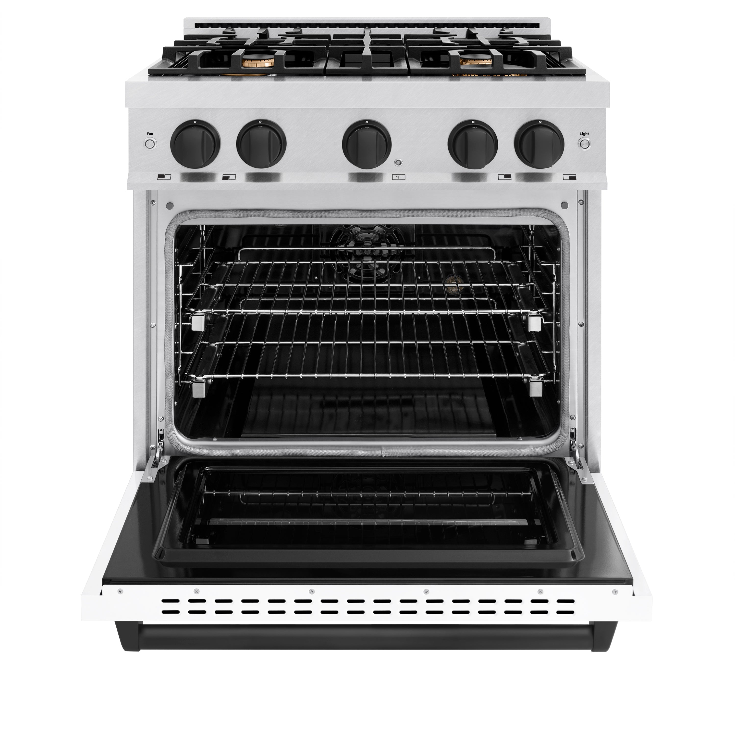 ZLINE Autograph Edition 30 in. 4.2 cu. ft. Classic Dual Fuel Range with 4 Burner Gas Cooktop and Electric Convection Oven in Satin Stainless Steel with White Matte Door and Matte Black Accents (CDRSZ-WM-30-MB)