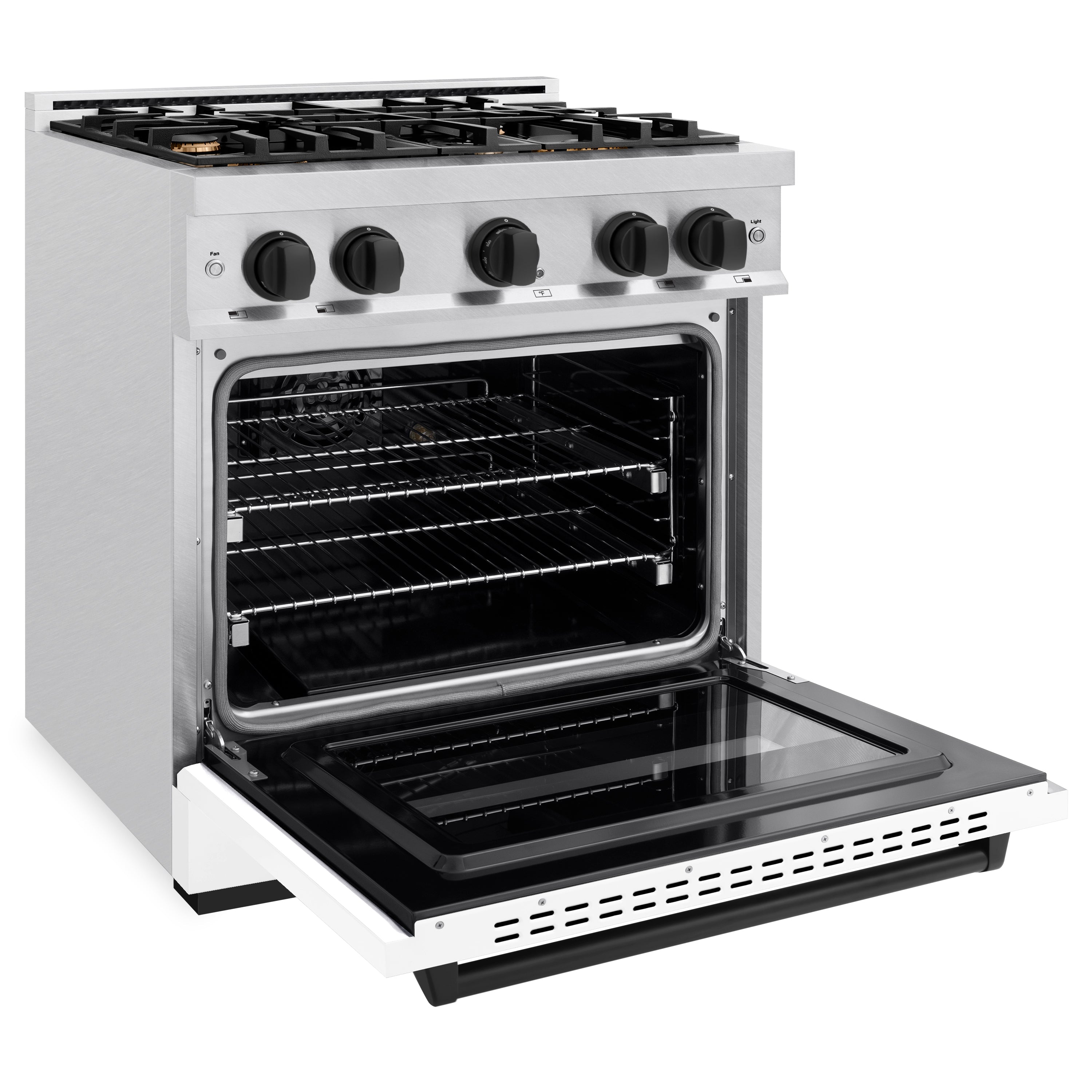 ZLINE Autograph Edition 30 in. 4.2 cu. ft. Classic Dual Fuel Range with 4 Burner Gas Cooktop and Electric Convection Oven in Satin Stainless Steel with White Matte Door and Matte Black Accents (CDRSZ-WM-30-MB)