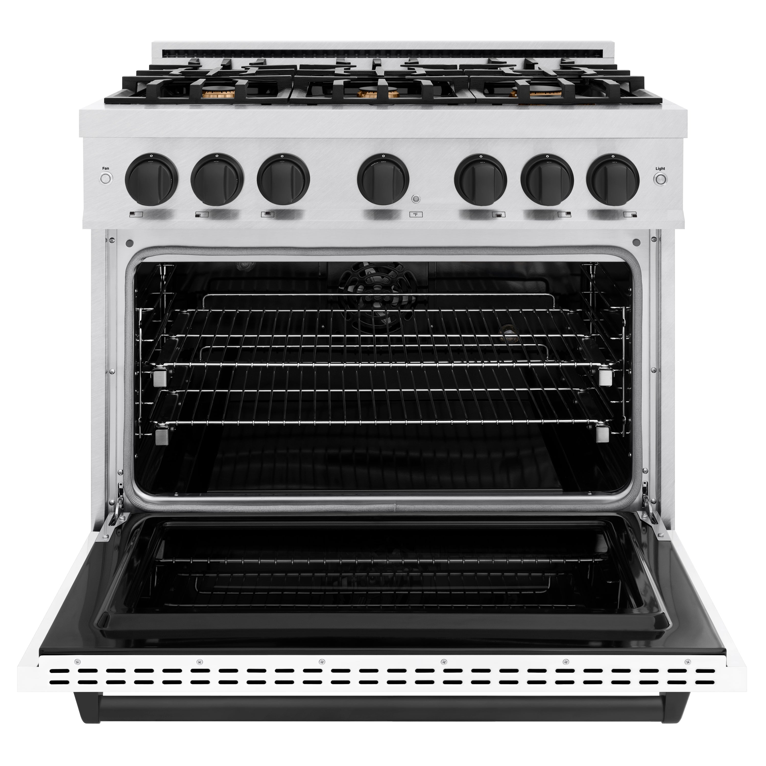 ZLINE Autograph Edition 36 in. 5.2 cu. ft. Classic Dual Fuel Range with 6 Burner Gas Cooktop and Electric Convection Oven in Satin Stainless Steel with White Matte Door and Matte Black Accents (CDRSZ-WM-36-MB)