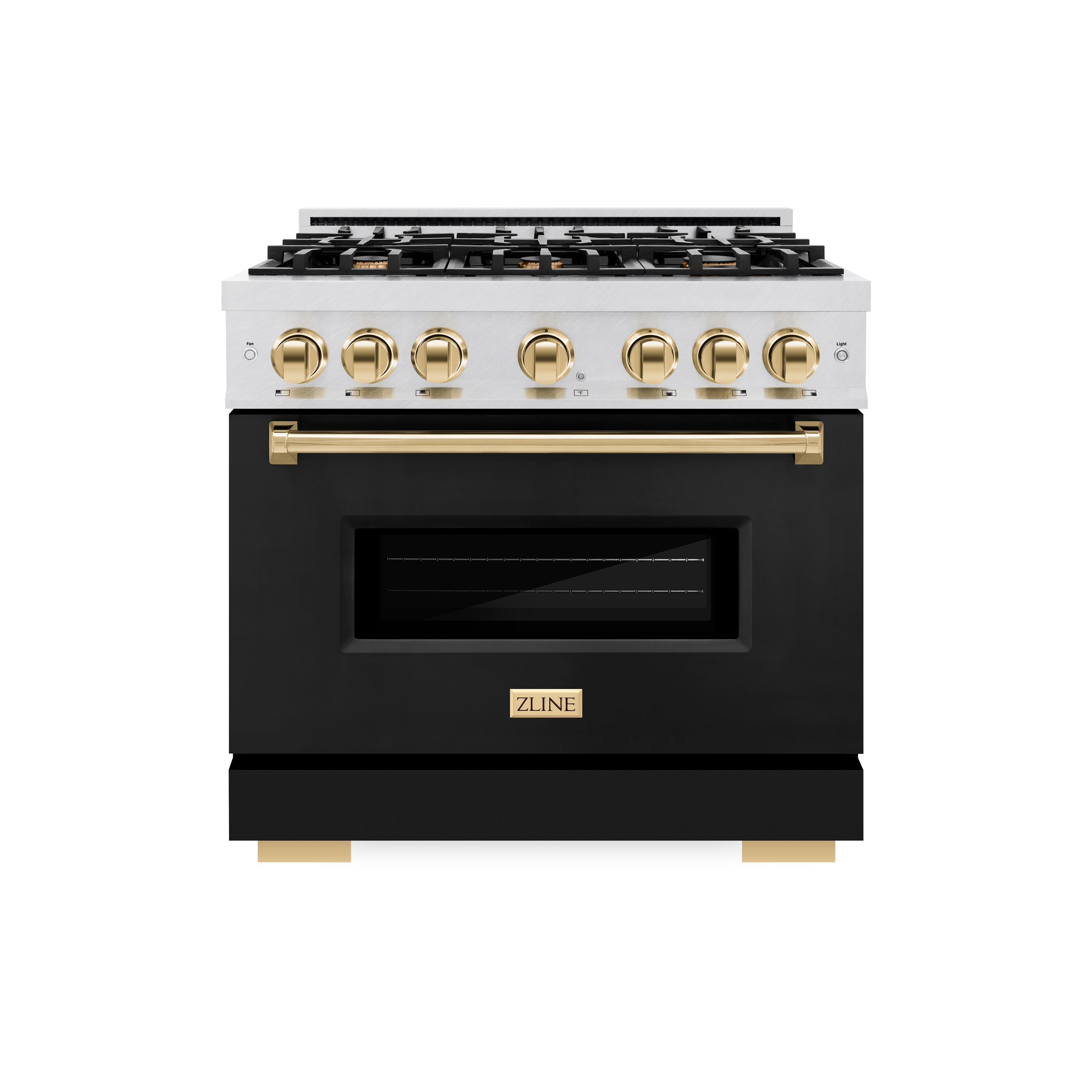 ZLINE Autograph Edition 36 in. 5.2 cu. ft. Classic Dual Fuel Range with 6 Burner Gas Cooktop and Electric Convection Oven in Satin Stainless Steel with Black Matte Door and Polished Gold Accents (CDRSZ-BLM-36-G)