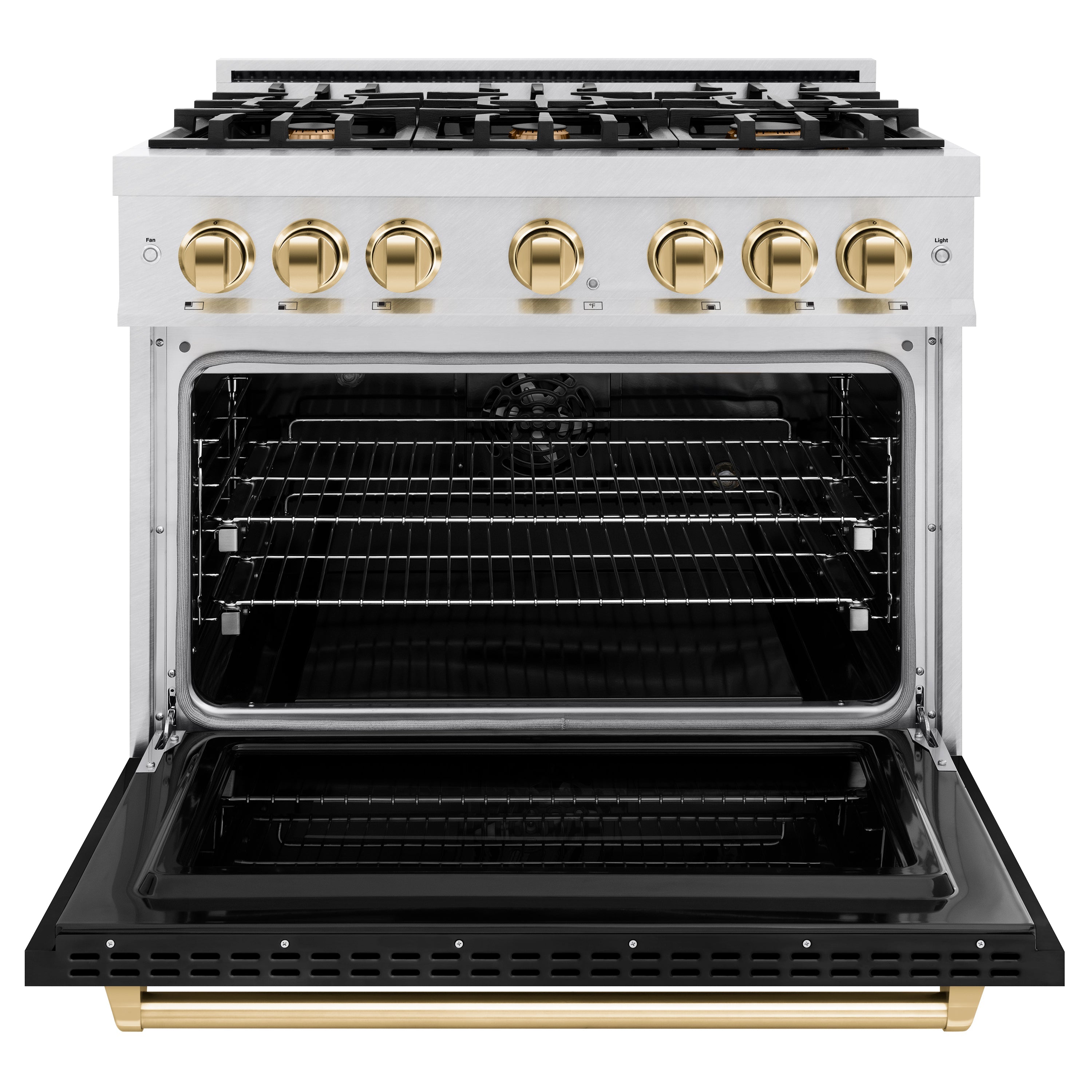 ZLINE Autograph Edition 36 in. 5.2 cu. ft. Classic Dual Fuel Range with 6 Burner Gas Cooktop and Electric Convection Oven in Satin Stainless Steel with Black Matte Door and Polished Gold Accents (CDRSZ-BLM-36-G)