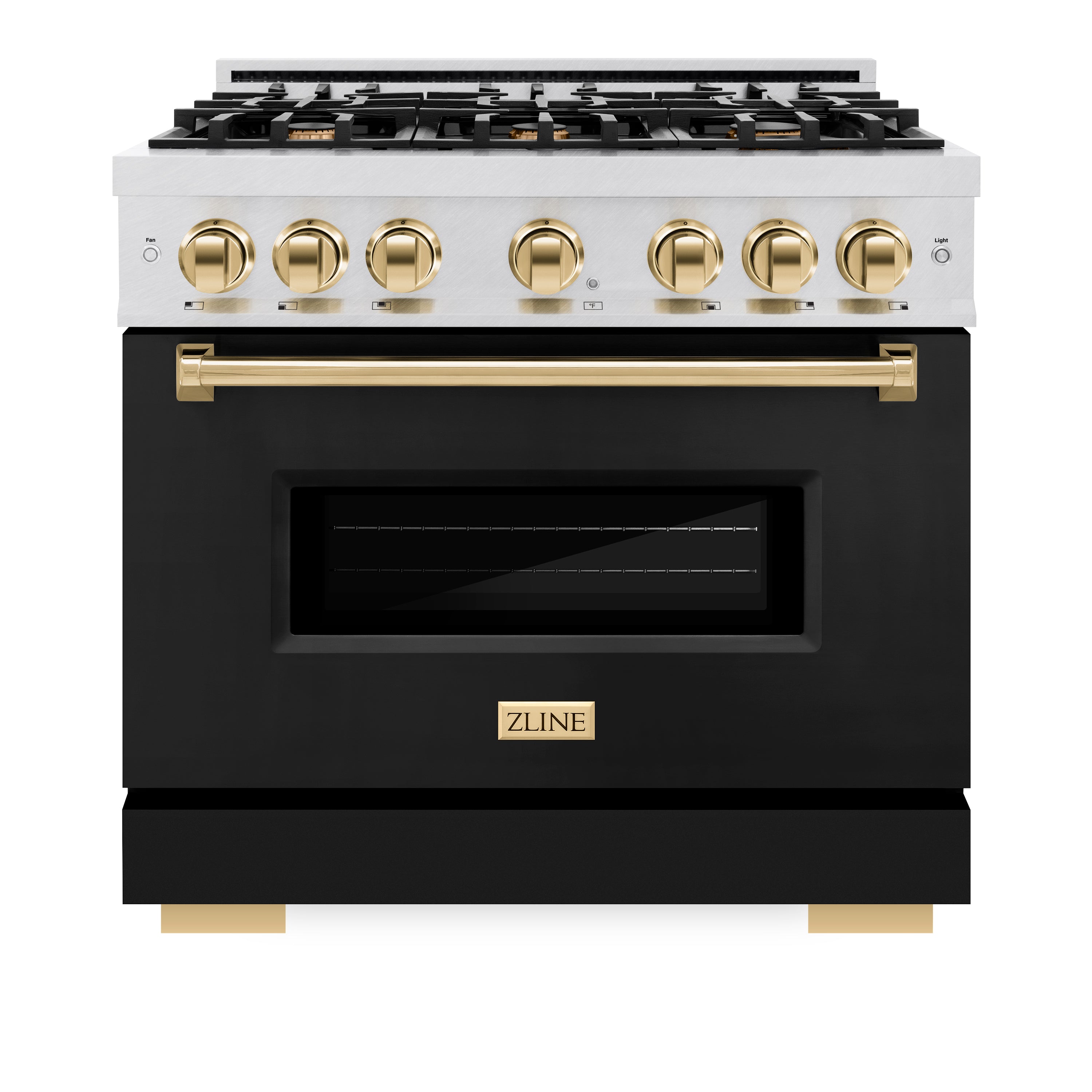 ZLINE Autograph Edition 36 in. 5.2 cu. ft. Classic Dual Fuel Range with 6 Burner Gas Cooktop and Electric Convection Oven in Satin Stainless Steel with Black Matte Door and Polished Gold Accents (CDRSZ-BLM-36-G)
