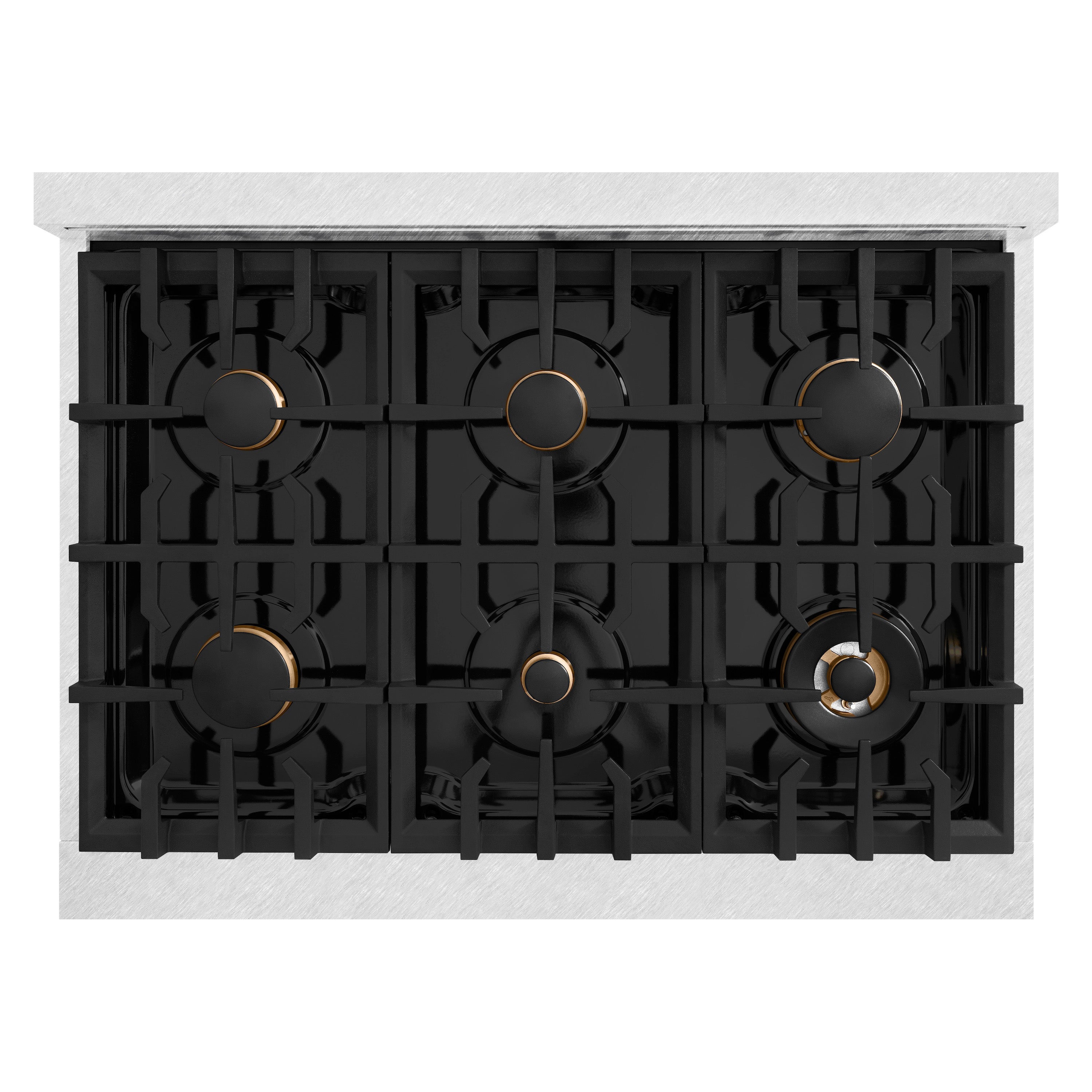 ZLINE Autograph Edition 36 in. 5.2 cu. ft. Classic Dual Fuel Range with 6 Burner Gas Cooktop and Electric Convection Oven in Satin Stainless Steel with Black Matte Door and Polished Gold Accents (CDRSZ-BLM-36-G)