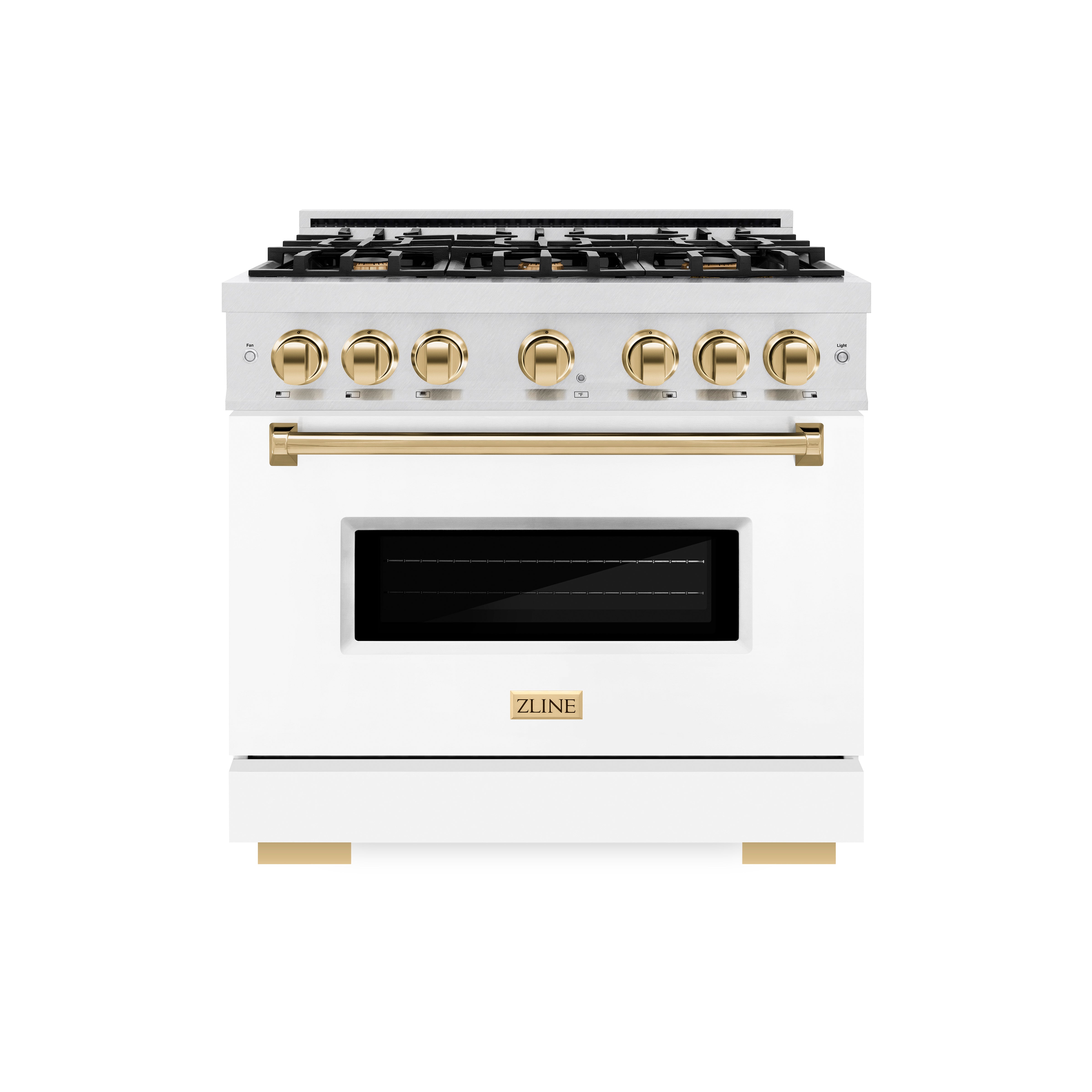 ZLINE Autograph Edition 36 in. 5.2 cu. ft. Classic Dual Fuel Range with 6 Burner Gas Cooktop and Electric Convection Oven in Satin Stainless Steel with White Matte Door and Polished Gold Accents (CDRSZ-WM-36-G)
