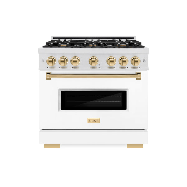 ZLINE Autograph Edition 36 in. 5.2 cu. ft. Classic Dual Fuel Range with 6 Burner Gas Cooktop and Electric Convection Oven in Satin Stainless Steel with White Matte Door and Polished Gold Accents (CDRSZ-WM-36-G)