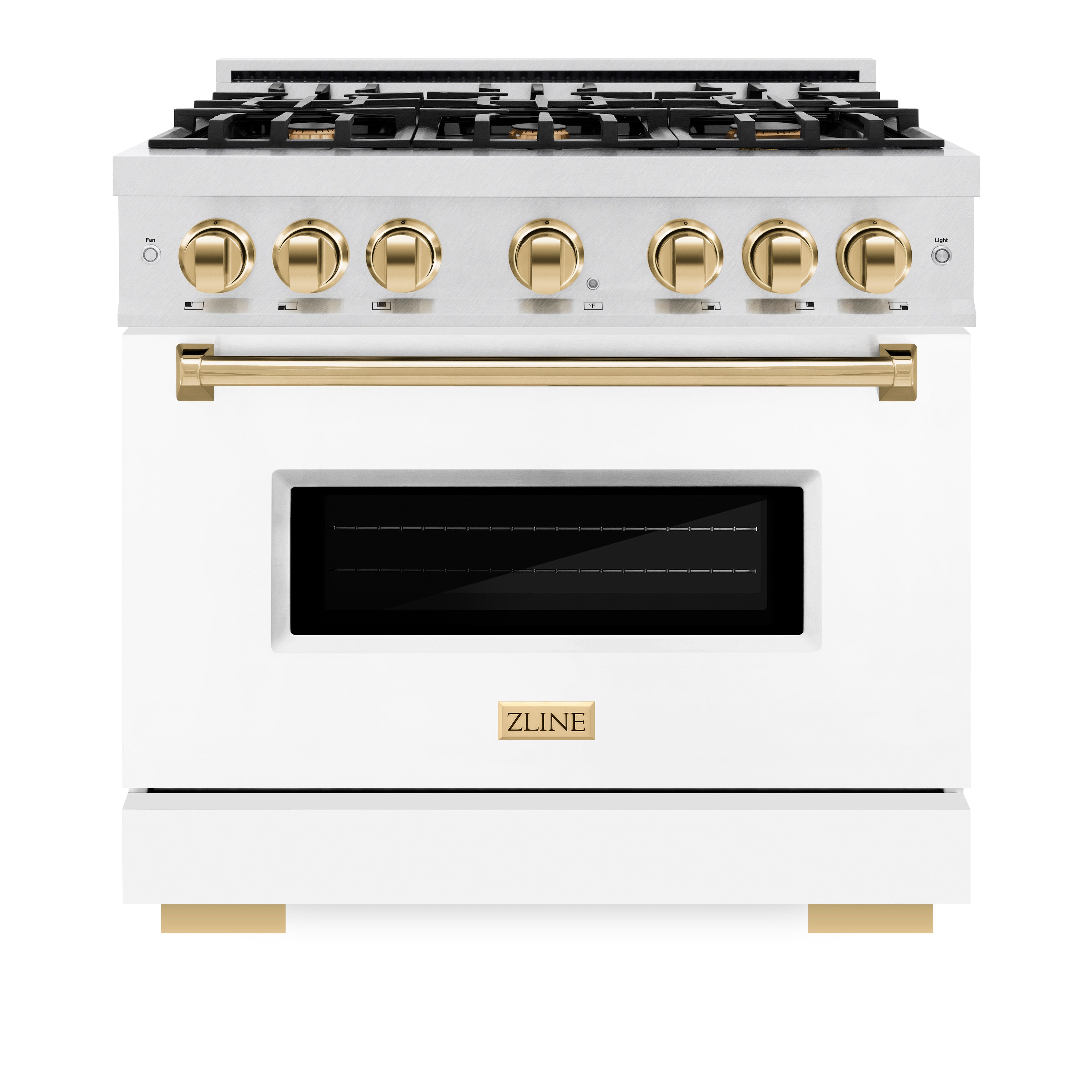ZLINE Autograph Edition 36 in. 5.2 cu. ft. Classic Dual Fuel Range with 6 Burner Gas Cooktop and Electric Convection Oven in Satin Stainless Steel with White Matte Door and Polished Gold Accents (CDRSZ-WM-36-G)
