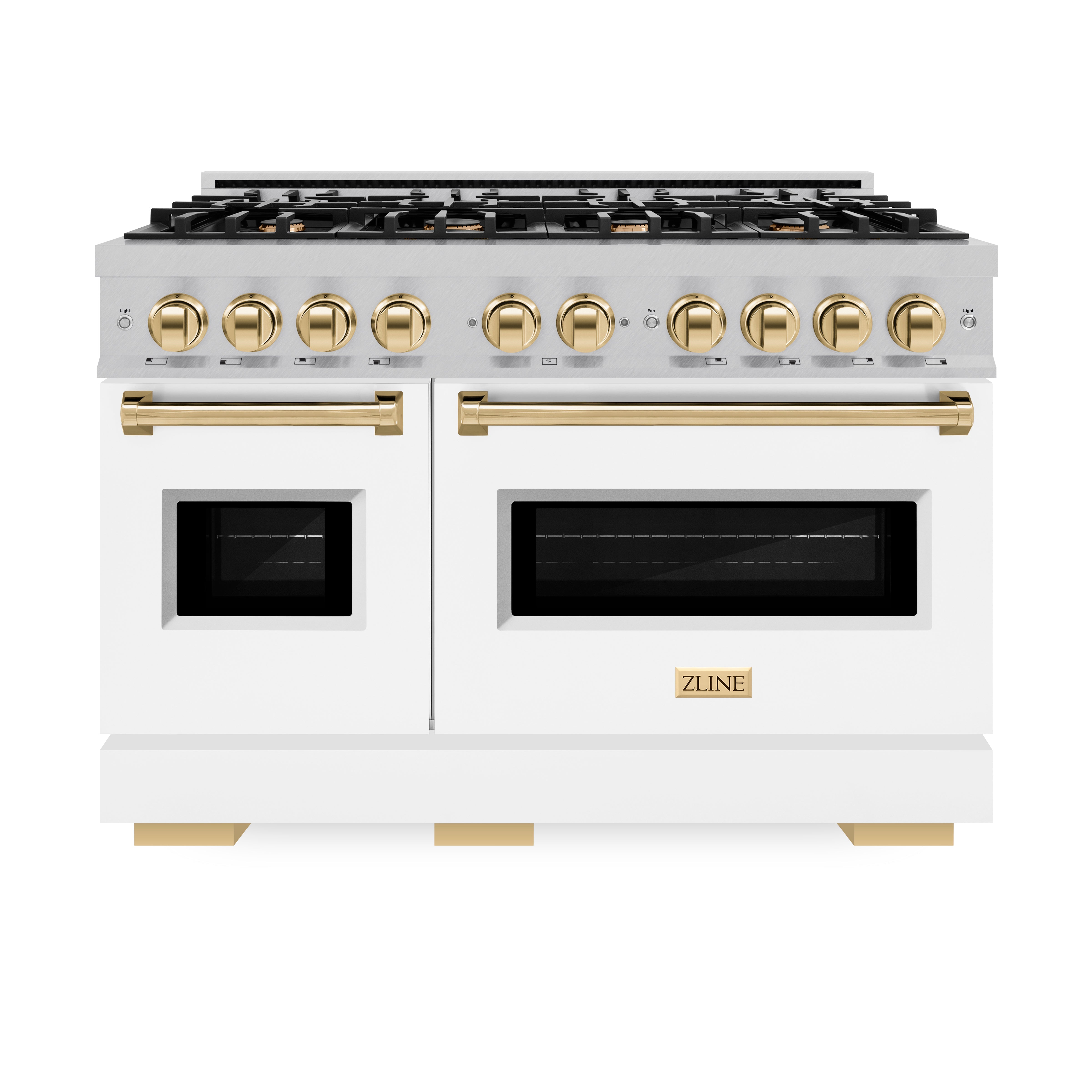 ZLINE Autograph Edition 48 in. 6.7 cu. ft. Classic Double Oven Dual Fuel Range with 8 Burner Gas Cooktop in Satin Stainless Steel with White Matte Doors and Polished Gold Accents (CDRSZ-WM-48-G)