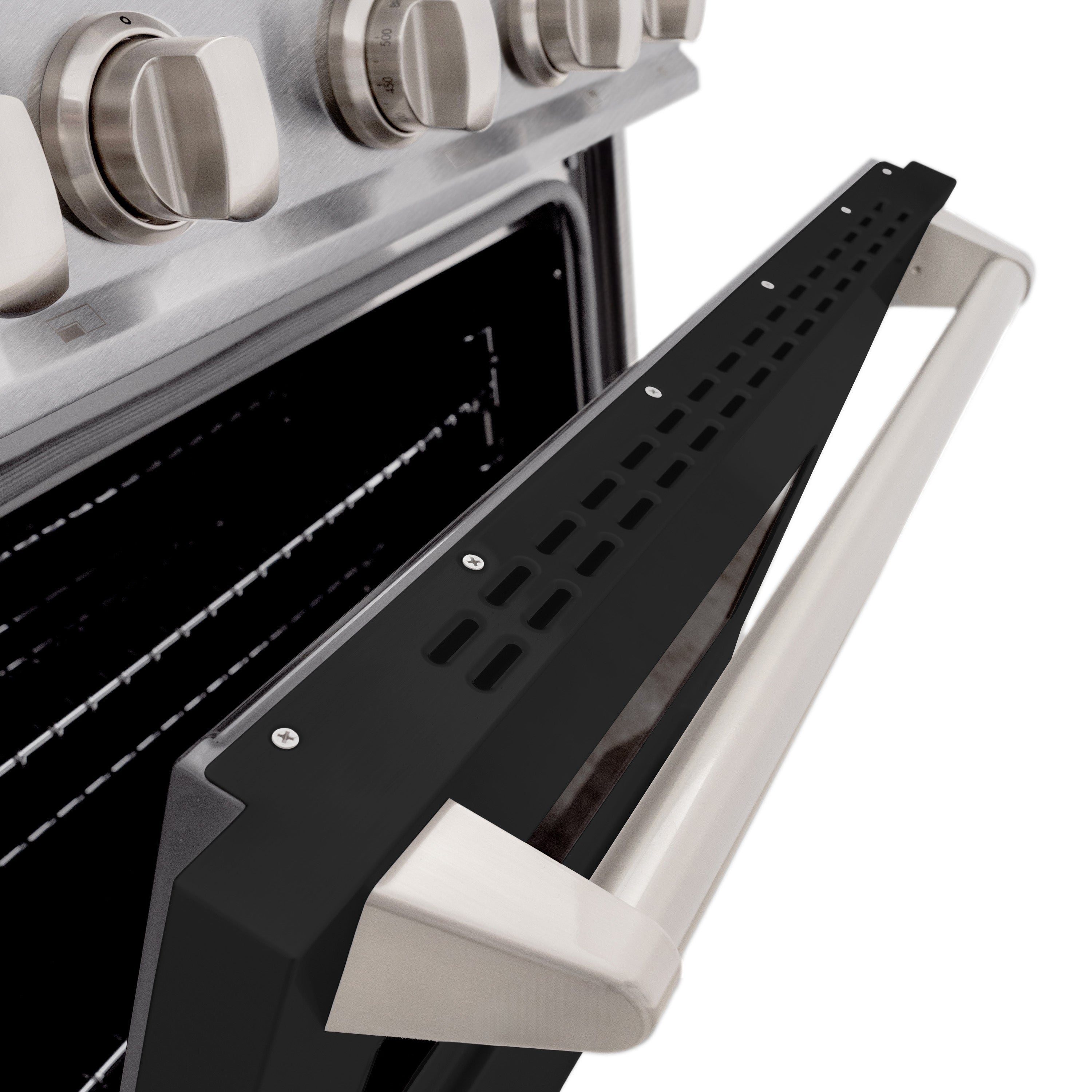 ZLINE 30 in. 4.2 cu. ft. Classic Gas Range with 4 Burner Cooktop and Convection Gas Oven in Satin Stainless Steel with Black Matte Door (CGRS-BLM-30)